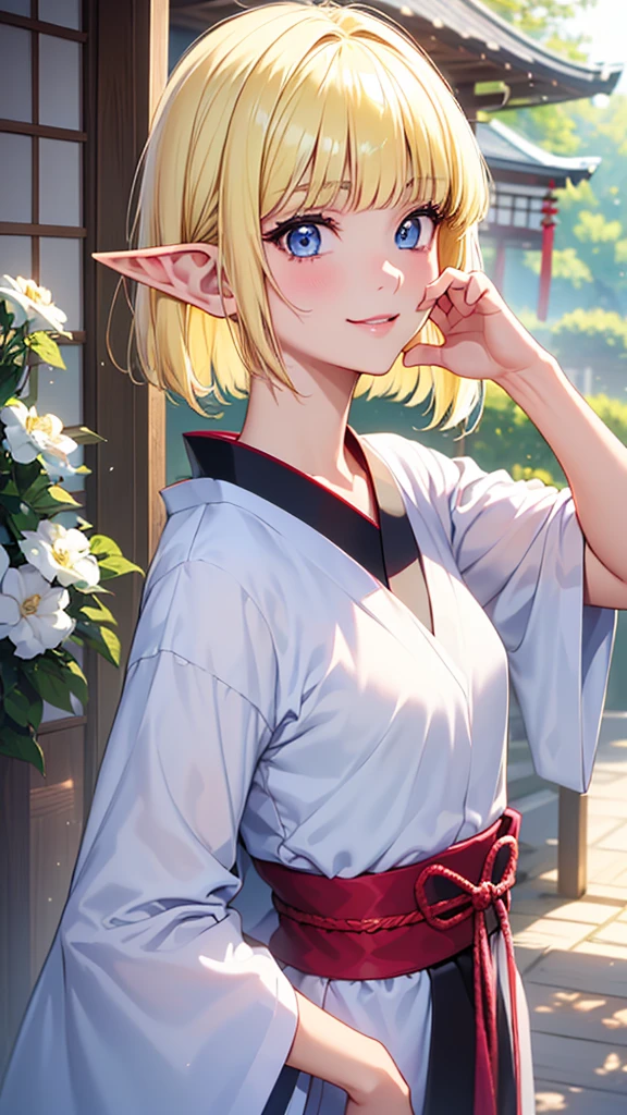 Very close、16k、masterpiece、High resolution、High resolution、Samurai、((ung elven woman))、((Beautiful white skin))、((Beautiful blonde))、((Small breasts))、Bunhead、short hair、((Beautiful Blue Eyes))、((Pointed Ears))、Smiling Kindly、smile、blush、Pink Lip Gloss、Shiny skin、((Samuraiの鎧を着る))、((Japanese Castle))、Courting me、((Put your hand on your cheek))