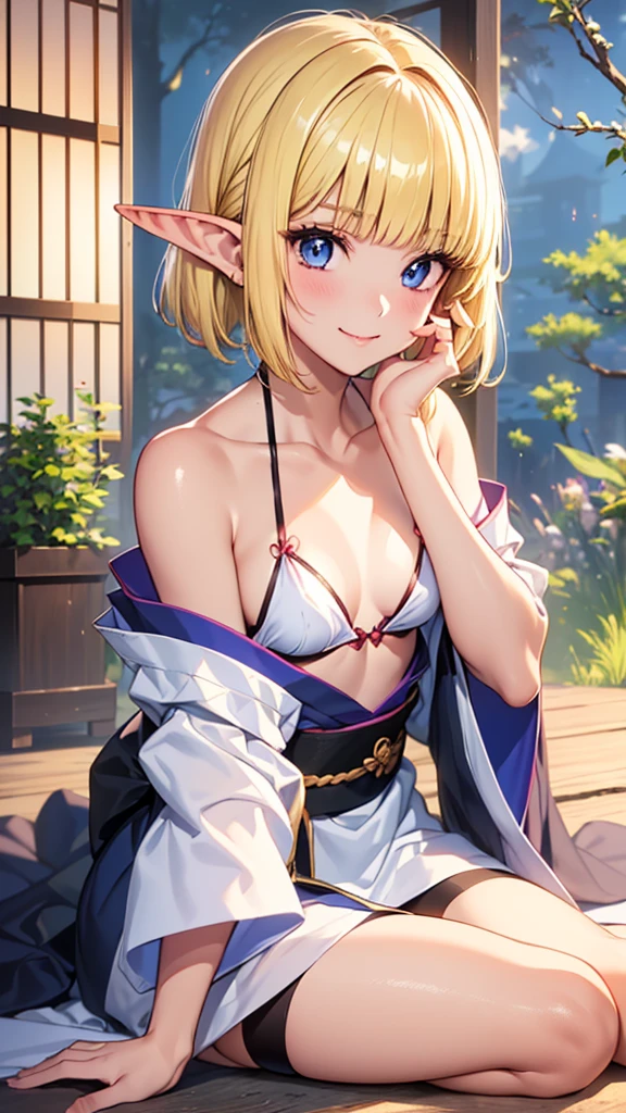 Very close、16k、masterpiece、High resolution、High resolution、Samurai、((1 young elven woman))、((Beautiful white skin))、((Beautiful blonde))、((Small breasts))、Bunhead、short hair、((Beautiful Blue Eyes))、((Pointed Ears))、Smiling Kindly、smile、blush、Pink Lip Gloss、Shiny skin、((Samuraiの鎧を着る))、((Japanese Castle))、Courting me、((Put your hand on your cheek))