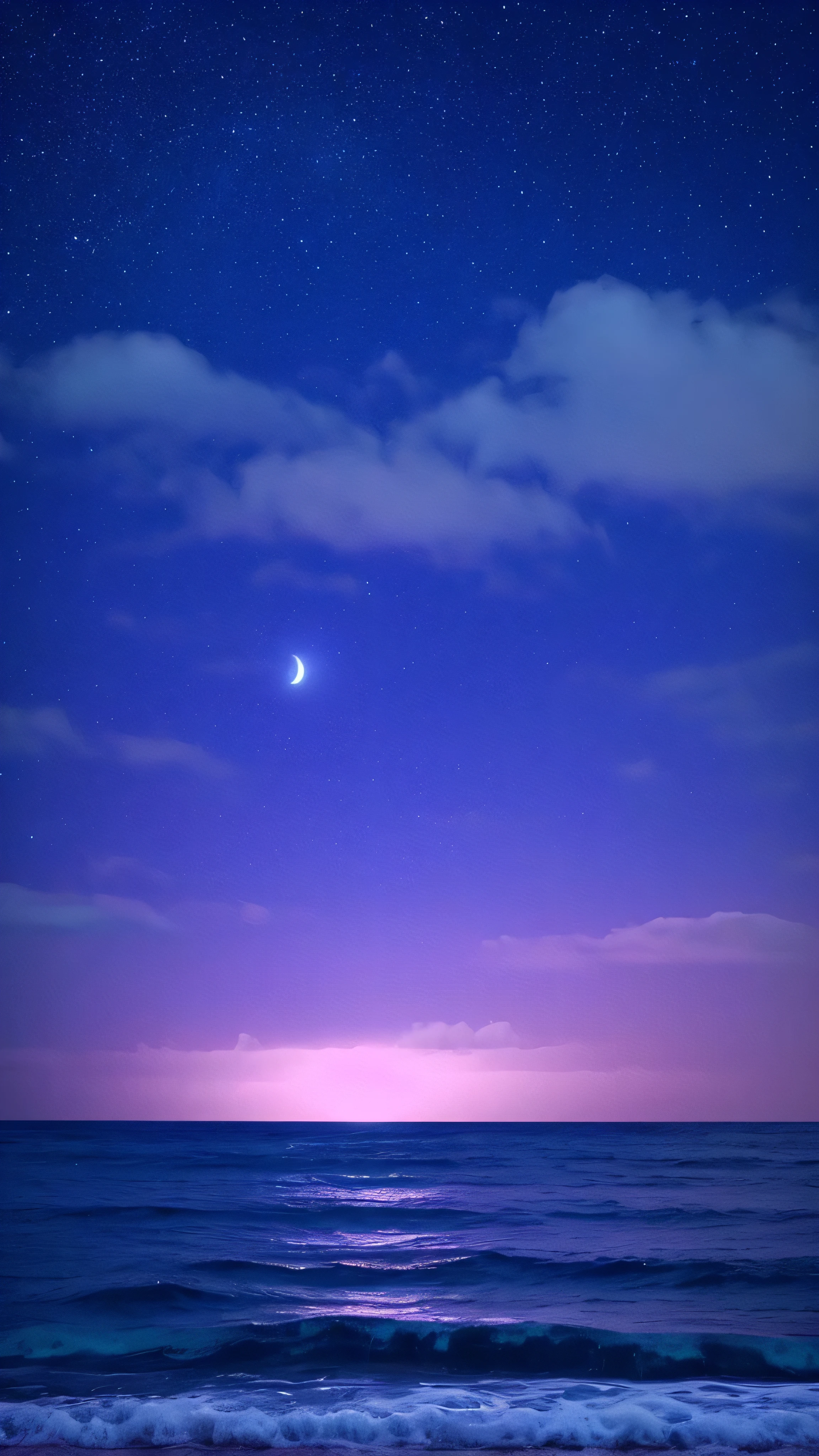 bioluminescent stars in the sky, pink half moon, touquois sky, soft cotton clouds, tourqouis ocean waves, shiny, purple water, galaxy, complementing lighting