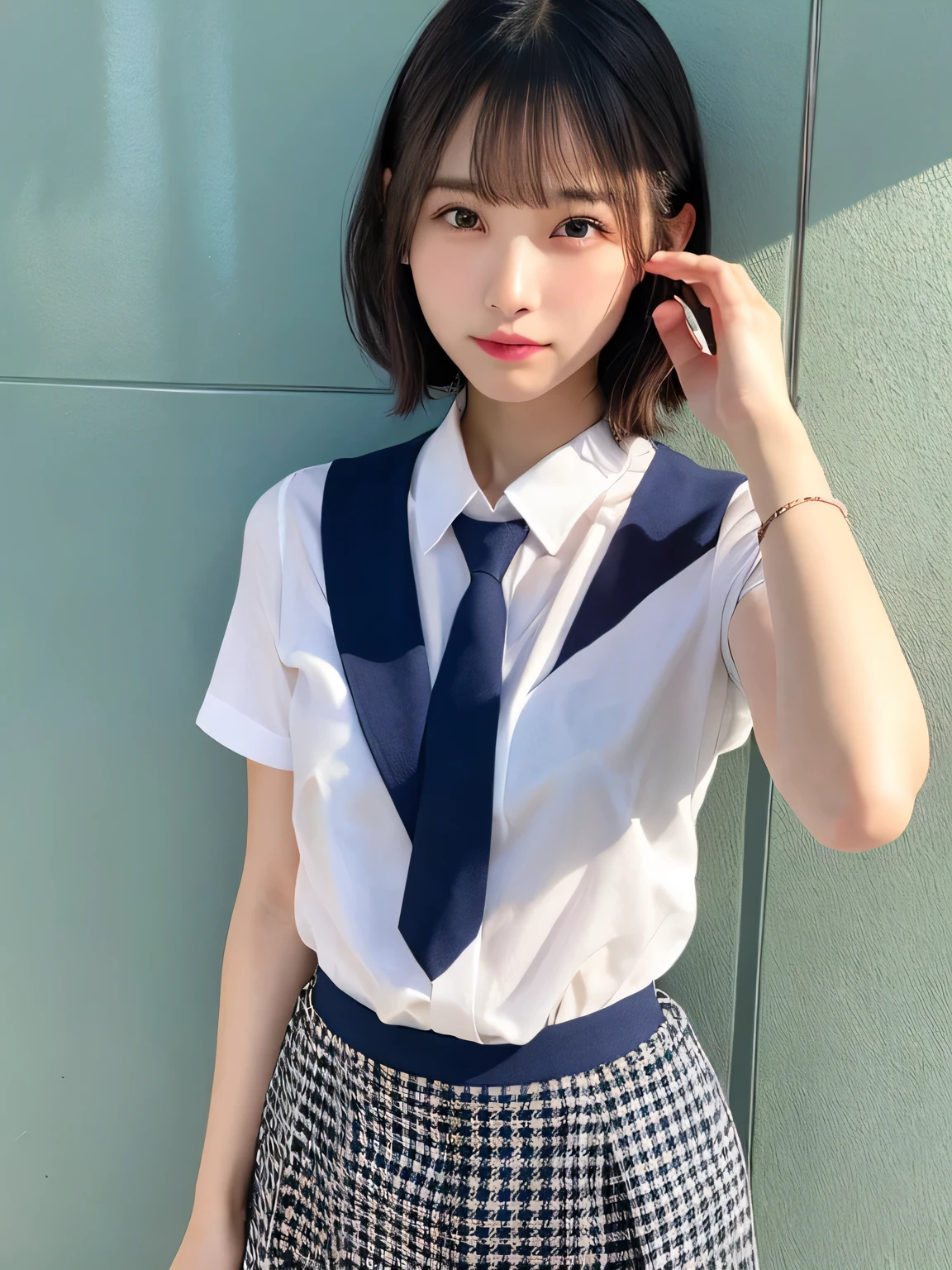 Japanese Girls、18 year old girl、Short Hair、Blonde、bangs、Brown eyes、Perfect figure、Transparency、Gloss、Glosodest chest、、Navy blue tie、White shirt、Navy Blue Skirt、Hirotake、Burning Body、Gravure idol pose、Light blue wall、Beautiful legs、Strong sunlight、dirty、Wet body in the rain、Wet