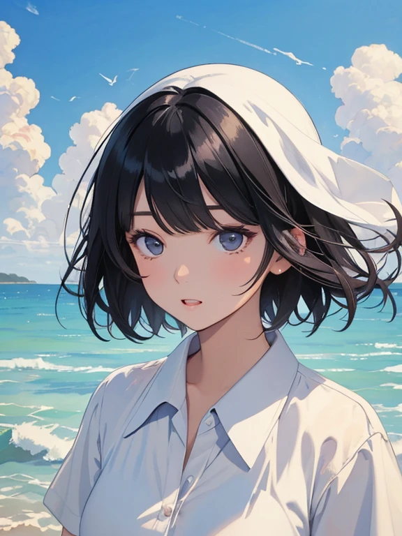 1 Female、Woman enjoying summer、Black Hair、Short Hair、Sharp jaw、Big eyes、flowing bangs、Shaggy Hair、Natural Tone Makeup、Half open mouth、mole、Wear a white dress shirt loosely、Open collar、Summer sky、cumulonimbus、Shining Sunshine、Heat and heat haze、Painting-like colors、Particles of light、Monet-like colors、Oil and watercolor painting、Close-up shot、Very beautiful face