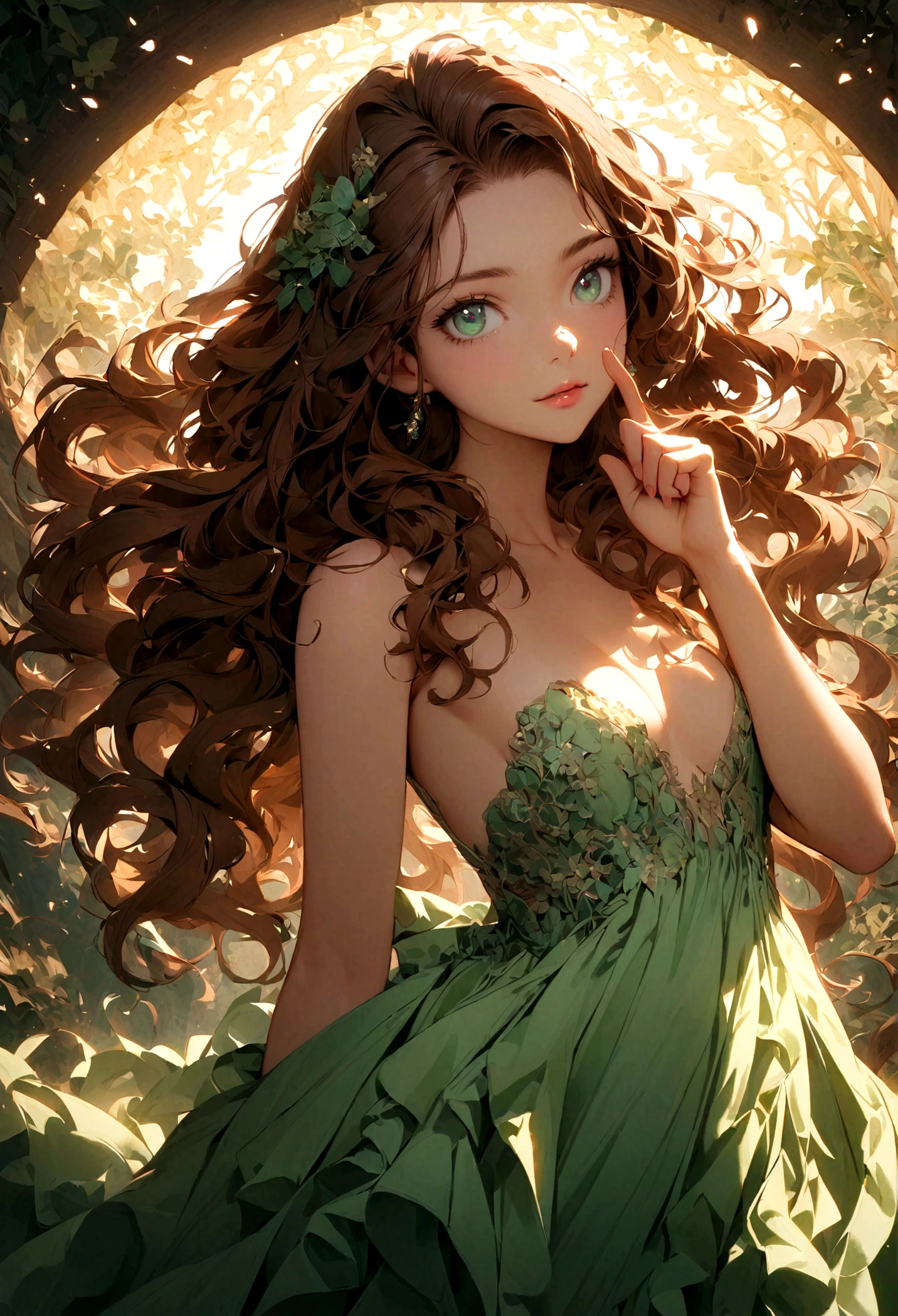 Long wavy hair, brown hair, 1 Girl, Emerald eyes, nude,wave with two fingers, Pink lips, light green dress,