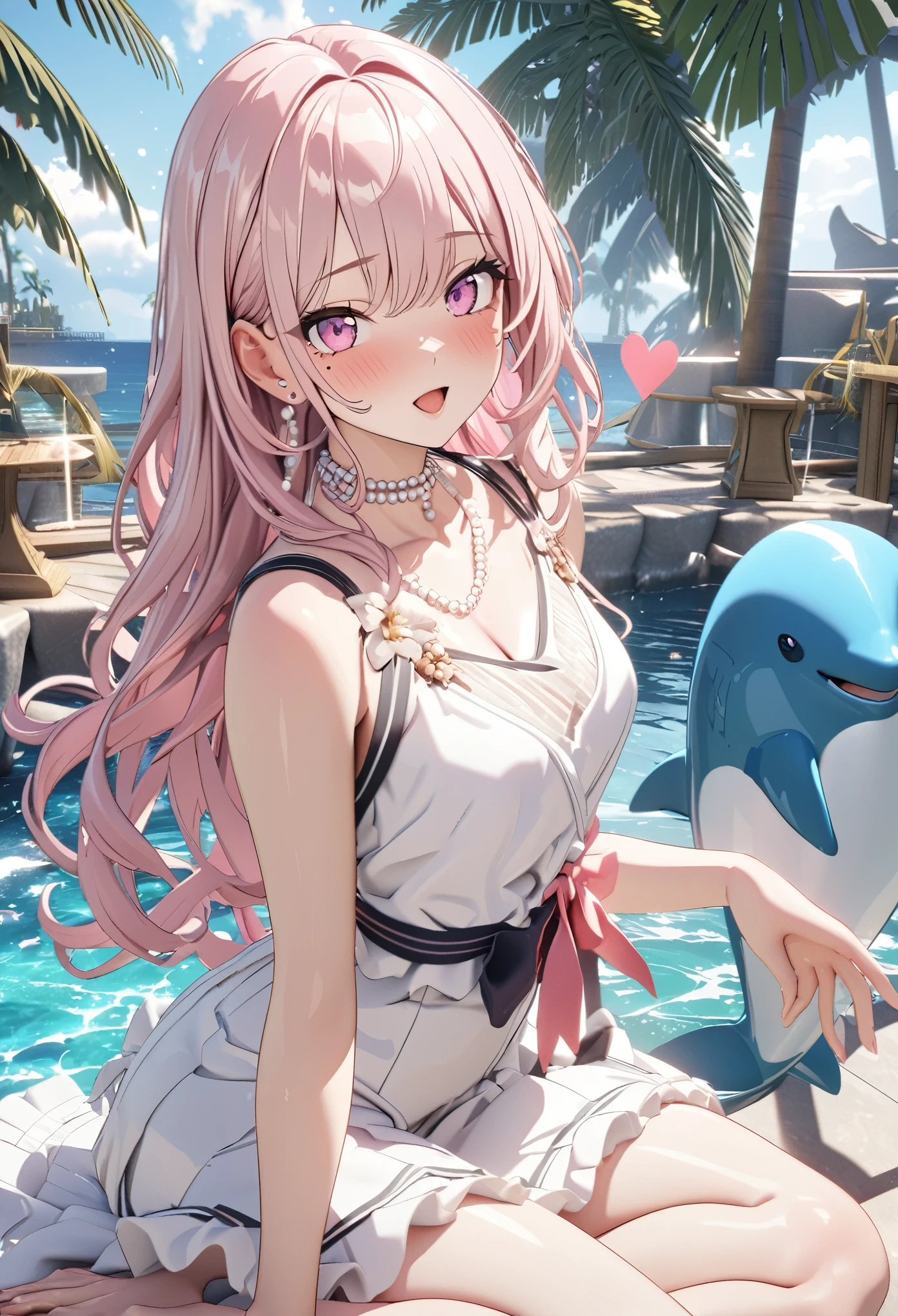 masterpiece, best quality, highly detailed, high resolution, expensive resolution, high resolution, 4k, 8k, Unity 8k wallpaper, highly detailed CG, masterpiece, 2d, 3d, beautiful details, depth, fine texture, best quality: 1.3, perfect focus, crispy skin, him, very cute anime girl, girl with pearl necklace and pearl earrings, idol. Background is ocean with dolphins jumping, scallops dancing, palm trees, expensive, pink medium long hair, mole under eye, looking at the viewer, expensive, blush, mole, open lips, , heart, pink eyes, choker