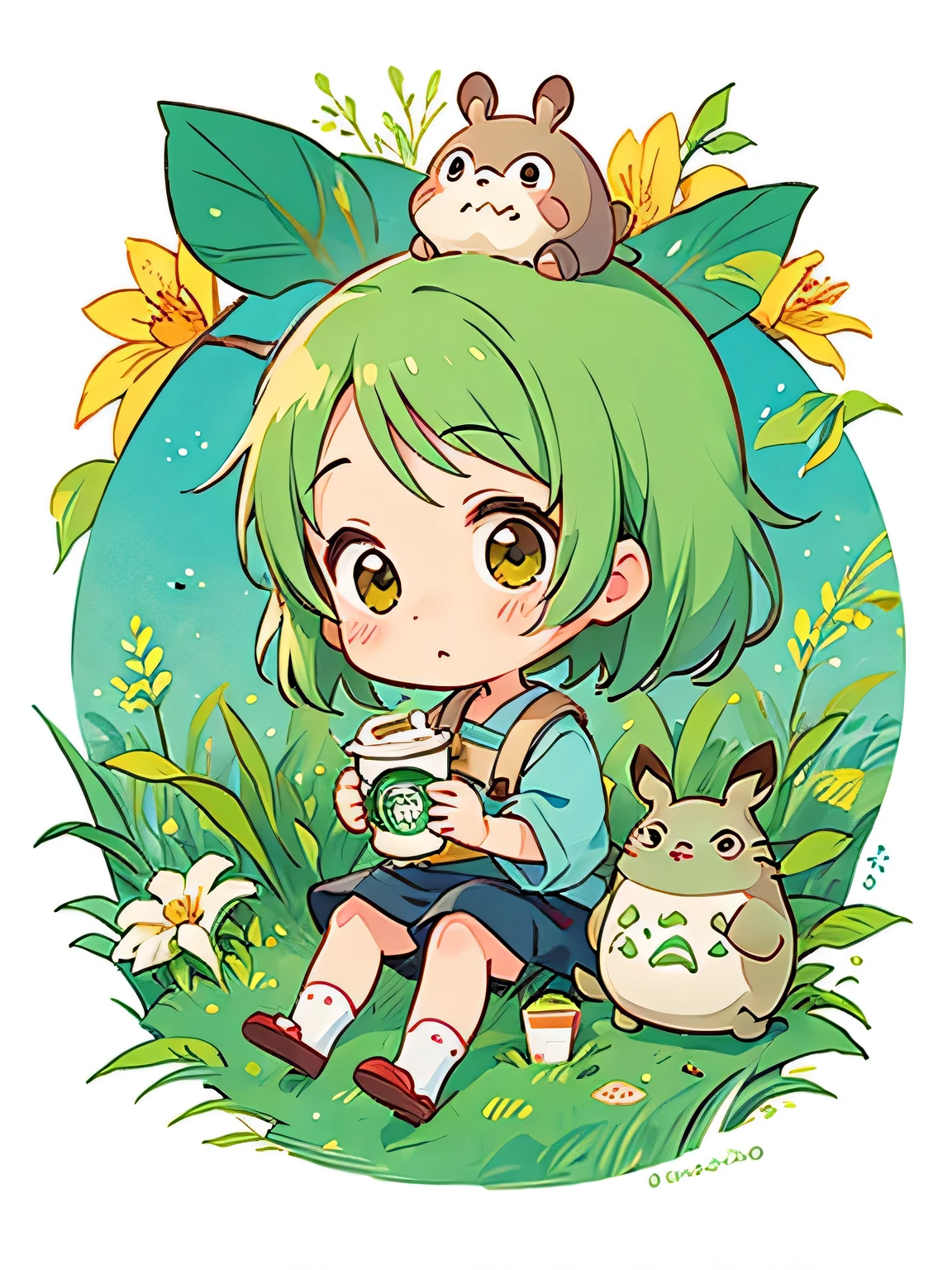 Hayao Mayazaki style, Kawaii Design, The most beautiful girl of all time、Chibi, Starbucks, totoro