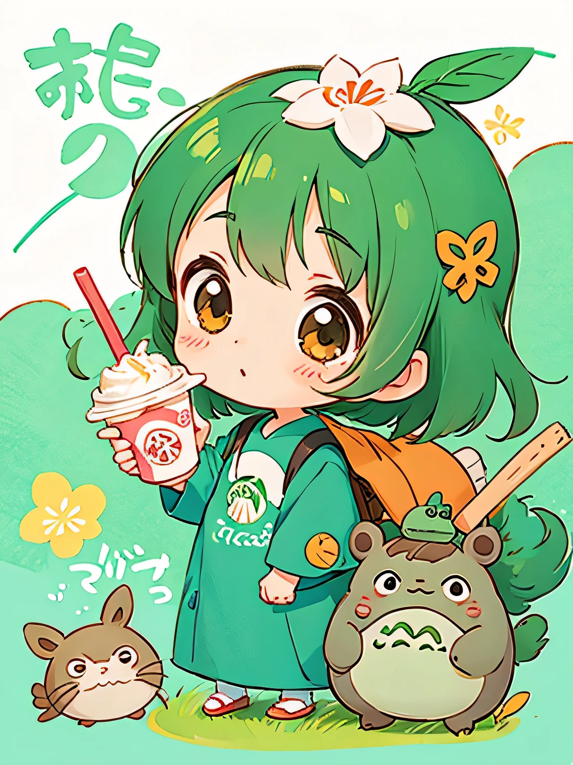 Hayao Mayazaki style, Kawaii Design, The most beautiful girl of all time、Chibi, Starbucks, totoro