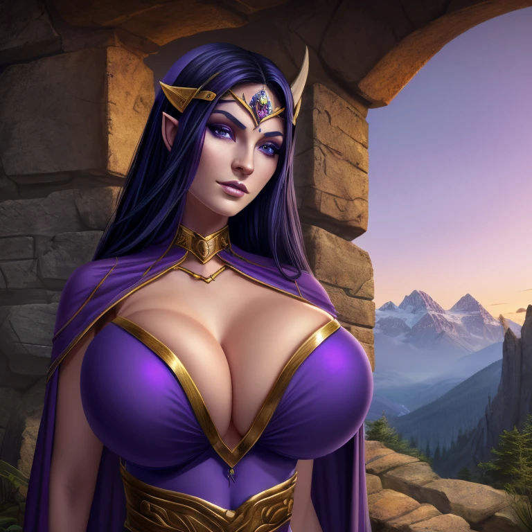 (masterpiece, top quality, best quality, official art, beautiful and aesthetic:1.2), (1girl:1.3), ((long black hair)), (((pale purple skin, pale blue skin, blue skin, purple skin))), extremely detailed, portrait, looking at viewer, solo, (full body:0.6), detailed background, close up, (cold night mountain theme:1.1), dark elf war dancer, charlatan, smirk, mysterious, swaying in mountains, skimpy attire, revealing gladiatrix costume, gold bikini, circlet, cowl, metal bikini, long boots, dual knives, violet fabric, black leather, ((((gigantic breasts, cleavage, skindentation)))), slim waist, slim hips, long legs, medieval (mountain exterior:1.1) background, dark mysterious lighting, shadows, magical atmosphere, dutch angle, totally blueskinned night elf with huges breasts, face tattoo