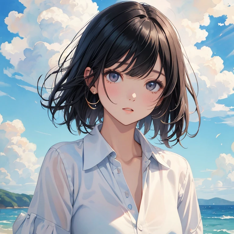 1 Female、Woman enjoying summer、Black Hair、Short Hair、Sharp jaw、Big eyes、flowing bangs、Shaggy Hair、Natural Tone Makeup、Half open mouth、mole、Wear a white dress shirt loosely、Open collar、Summer sky、cumulonimbus、Shining Sunshine、Heat and heat haze、Painting-like colors、Particles of light、Monet-like colors、Oil and watercolor painting、Close-up shot、Very beautiful face