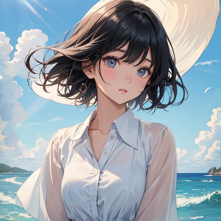 1 Female、Woman enjoying summer、Black Hair、Short Hair、Sharp jaw、Big eyes、flowing bangs、Shaggy Hair、Natural Tone Makeup、Half open mouth、mole、Wear a white dress shirt loosely、Open collar、Summer sky、cumulonimbus、Shining Sunshine、Heat and heat haze、Painting-like colors、Particles of light、Monet-like colors、Oil and watercolor painting、Close-up shot、Very beautiful face