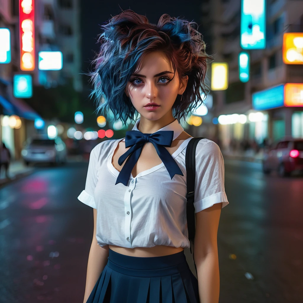 (8k, RAW photo, masterpiece:1.3), (realistic, photo-realistic:1.37), (night), (looking at viewer:1.331), (bloody hair), posing, Tel Aviv street, nightcityscape, cyberpunk city, soft light, 1girl, extremely beautiful face, bust, put down hands, Random hairstyle, Random expression, big eyes, lower abdomen, (short-sleeved .JK_shirt), JK_style, (dark blue short JK_skirt), (bow JK_tie), mix4., best quality