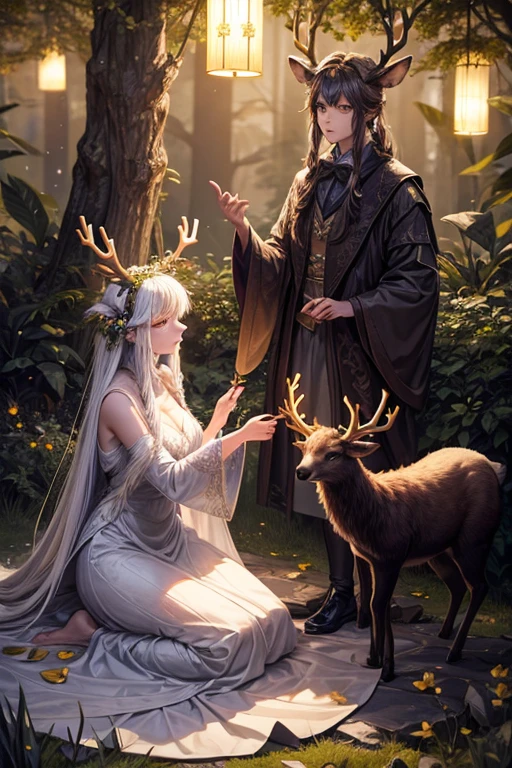 Mystical Deers in the night with glowing antlers being petted by nature and flora imagined as a human