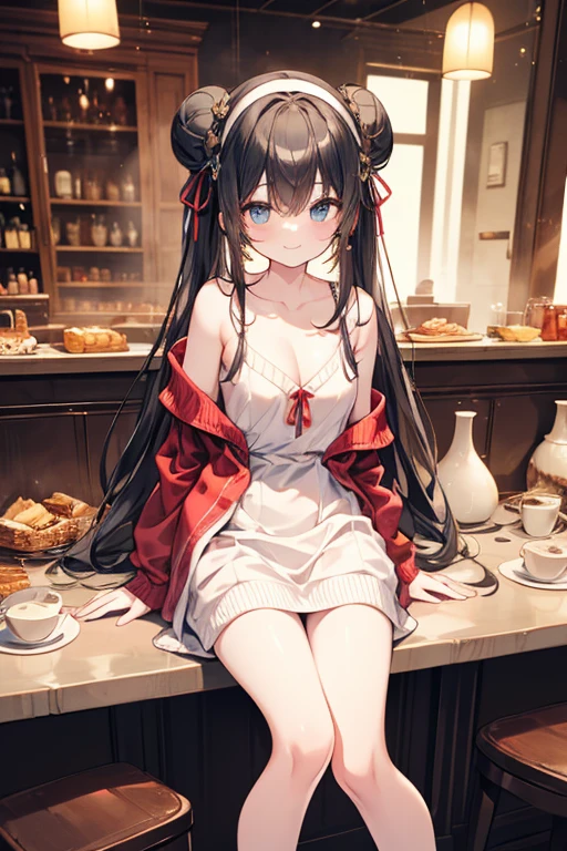 (((Masterpiece))),(((Super Detail))),(((in 8K))),(((best composition))),(((Rim lighting,Fireglow effect,deep shadow))),solo,(Hatsune Miku:1.0),Beautiful fingers,Detailed finger features,(Detailed hair features:1.7),(Dynamic and y bending pose:1.3),detailed facial features,detailed clothes features, (perky chest:1.1), (pointed chest:1.3), delicate beautiful face, Bright blue eyes, cute eyes, sparkling eyes, Big eyes, beautiful detailed eyes,double bun with glittering hair ornament,(super detailed glossy skin:1.3),slender body,(small bre2), (perky chest:1.2),goddess smile,((with sparkling eyes and a contagious smile)),beautiful posture,have a cup of coffee,black hair, green eyes, dress, bare shoulders, jewelry, collarbone, sidelocks, hairband, earrings, indoors, off shoulder, sweater, arms behind back, plant, short hair with long locks, white hairband, off-shoulder dress, sweater dress, off-shoulder sweater, red sweater, big side hair, very long side hair,seductive cleavage:1iful glossy legs,shiny red high heels,lifting dishes with cakesd,in a french restaurant,hustle and bustle,rising steam of a coffee,looking at viewer,