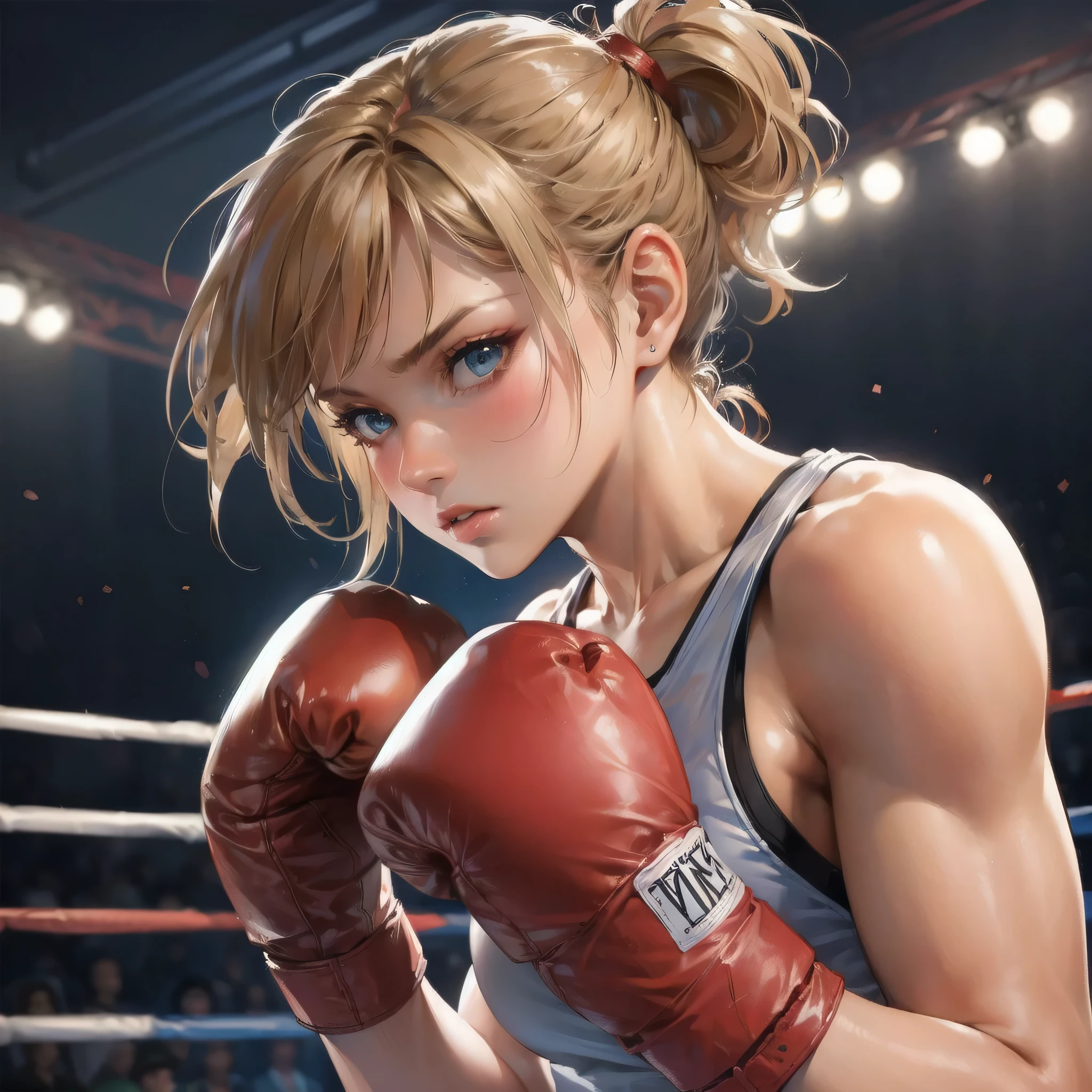 masterpiece, (textured skin), best quality, gorgeous beautiful girl, (a female boxing athlete), detailed clothes,large breasts,narrow waist,, (beautiful face), cinematic lighting, (at boxing venue),