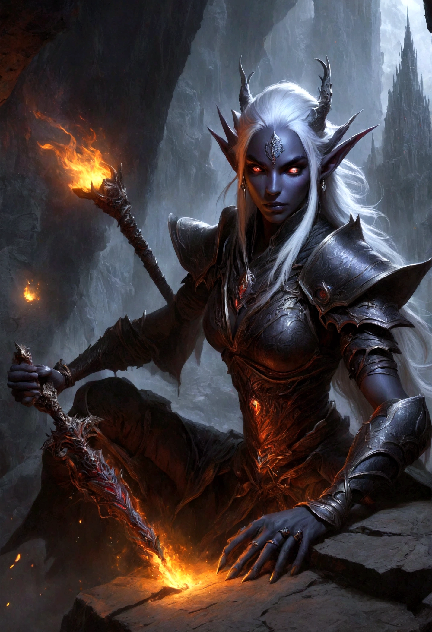 白发Dark Elves, Noah Bradley (Noah Bradley) Inspiring Portraits,Dark Elves,Torches,Drow,Dungeons & Dragons,Magic Game,magic,Summon the Divine Dragon