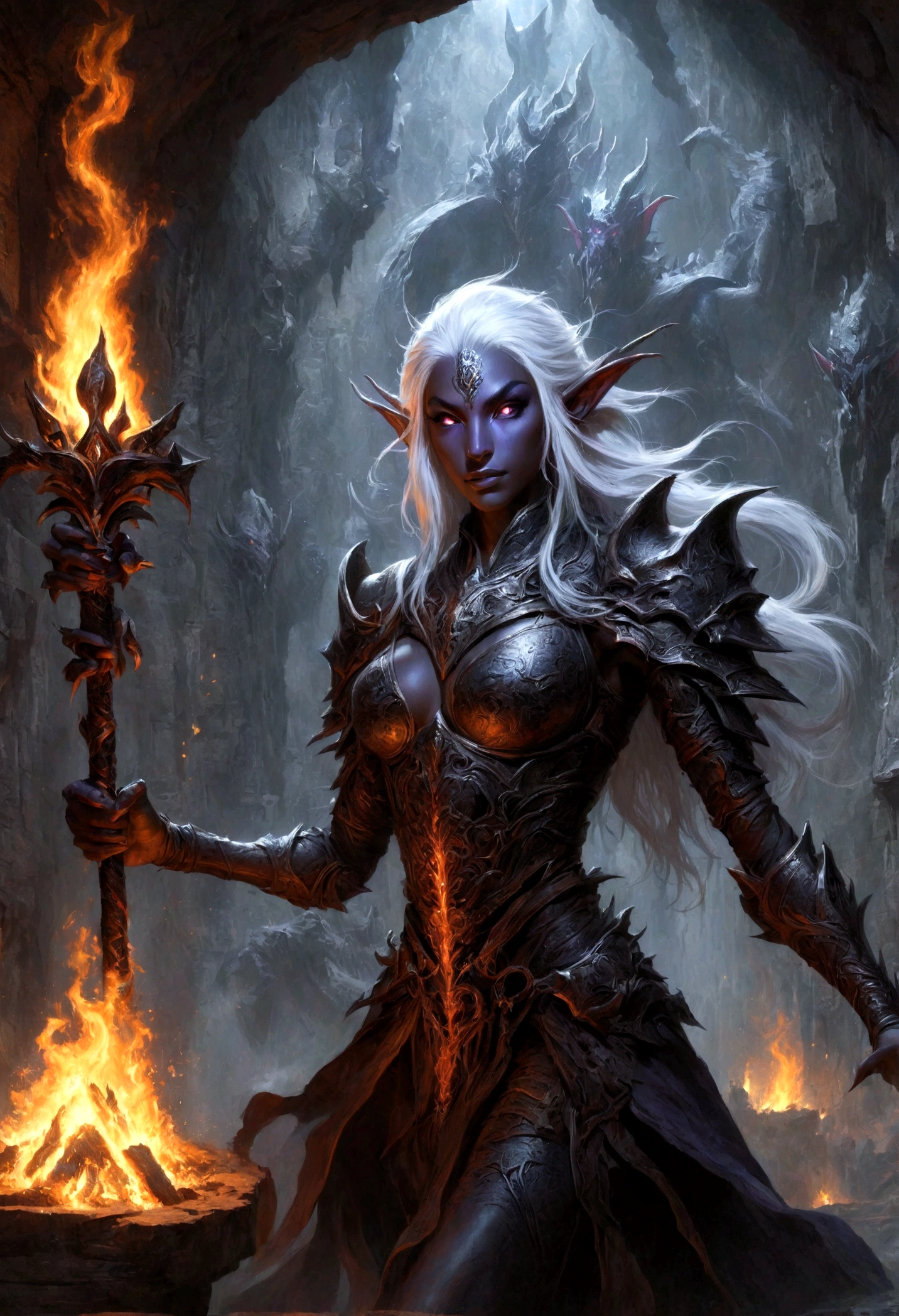 白发Dark Elves， Noah Bradley (Noah Bradley) Inspiring Portraits,Dark Elves，Torches，Drow，Dungeons &amp; Dragons，Magic Game，magic，Summon the Divine Dragon