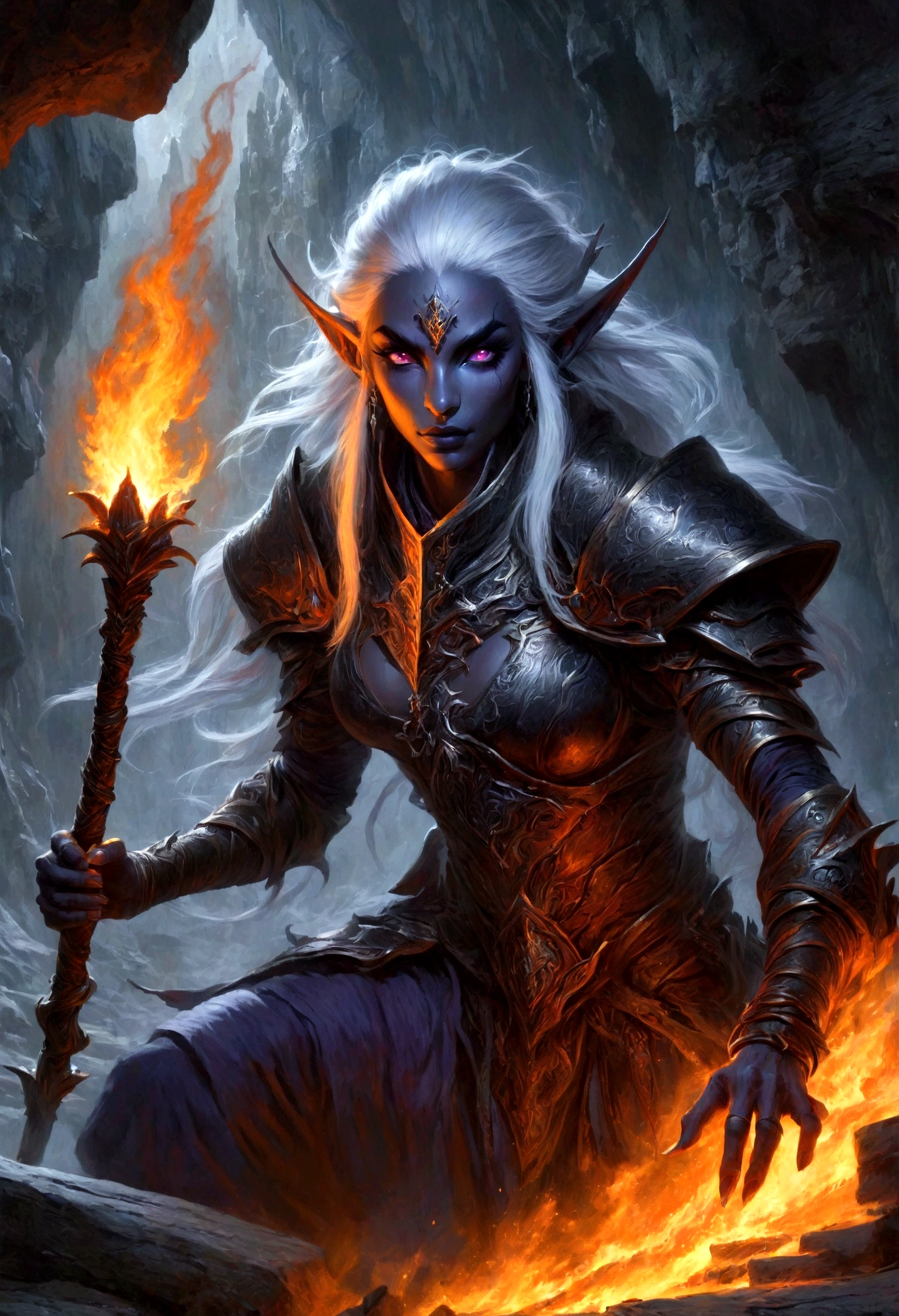 白发Dark Elves， Noah Bradley (Noah Bradley) Inspiring Portraits,Dark Elves，Torches，Drow，Dungeons &amp; Dragons，Magic Game，magic，Summon the Divine Dragon