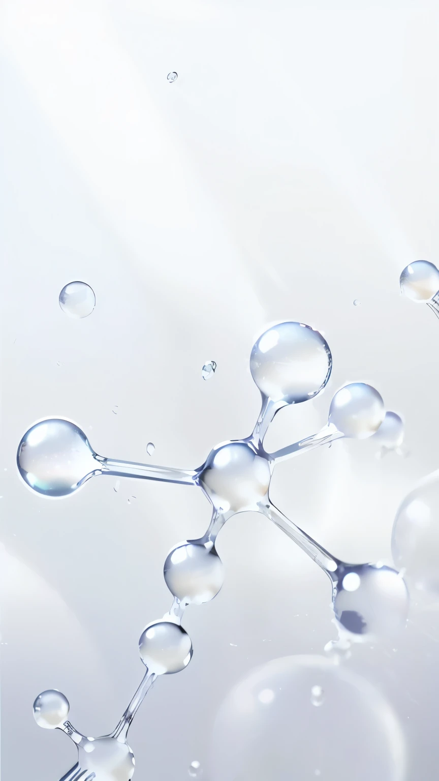 Close-up of a bunch of water droplets floating on a surface, floating molecular, Extraction chemicals, molecular, metaballs, clean white laboratory background, reagents, biochemistry illustration, space molecular, laboratory background, Organic liquid metal, water particles, Chemical material, molecular, 前面的water particles, Crafting Materials, 經典的molecular 3D 模型, atoms floating,4K