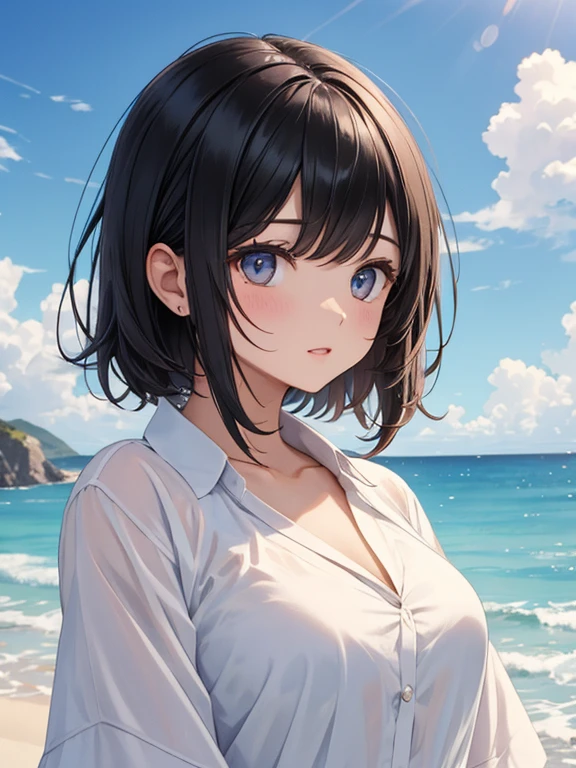1 Female、Woman enjoying summer、Black Hair、Short Hair、Sharp jaw、Big eyes、flowing bangs、Shaggy Hair、Natural Tone Makeup、Half open mouth、mole、Wear a white dress shirt loosely、Open collar、Summer sky、cumulonimbus、Shining Sunshine、Heat and heat haze、Painting-like colors、Particles of light、Monet-like colors、Oil and watercolor painting、Close-up shot、Very beautiful face