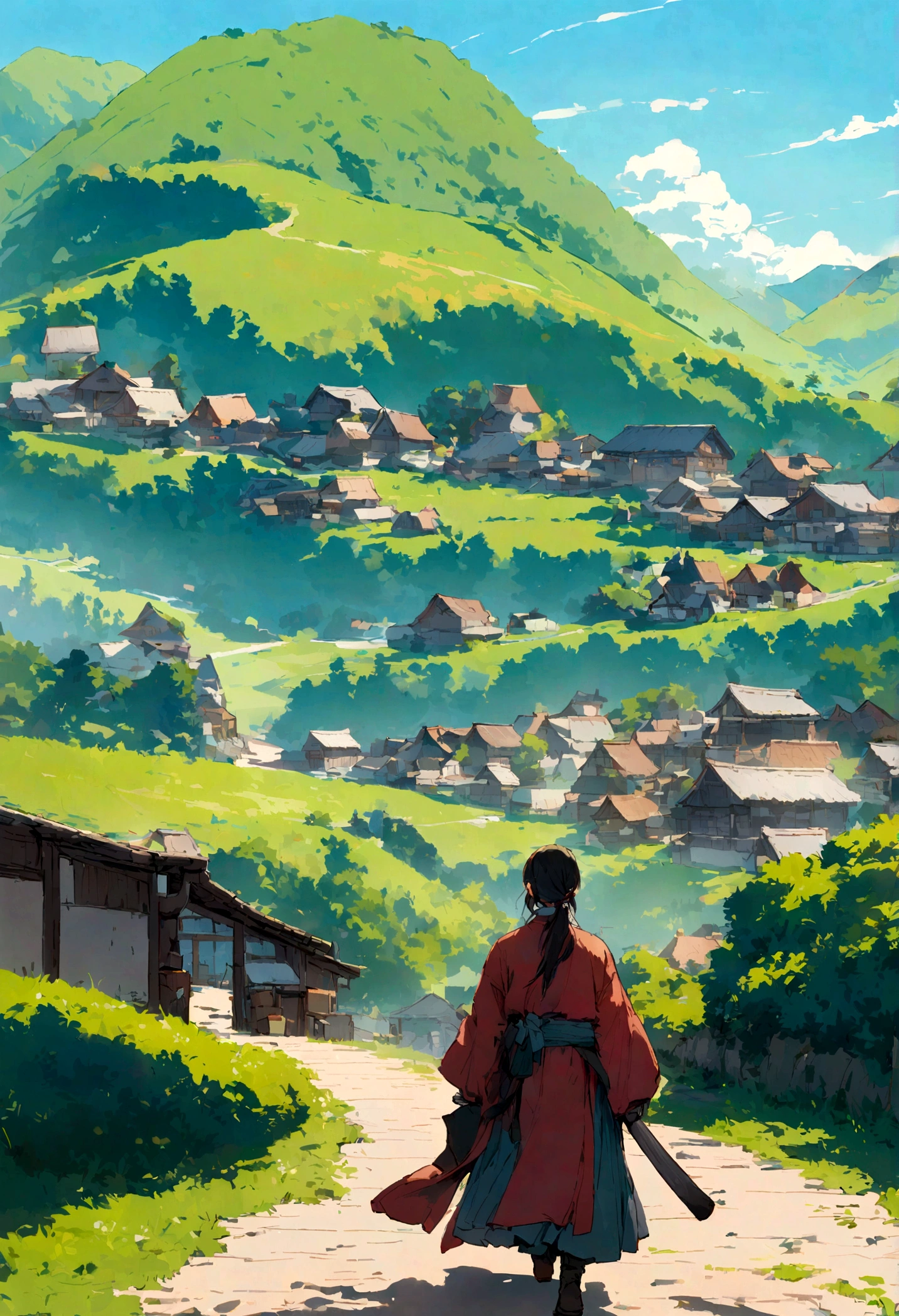 A ronin walking through a mountain village,Back view,The blue sky covers the landscape,Gentle Breeze,spring