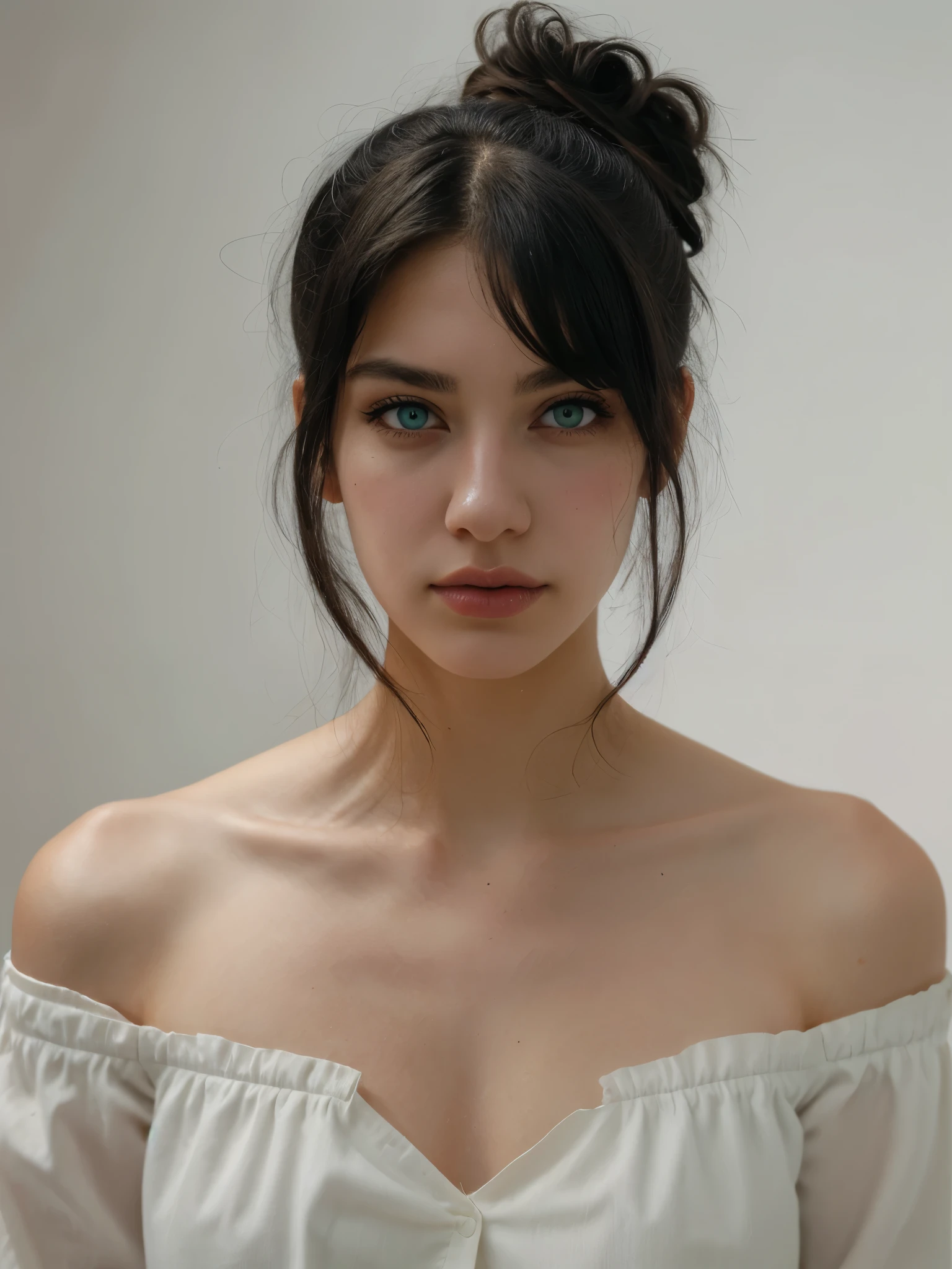 Best quality, masterpiece, ultra high res, (photorealistic:1.5), raw photo, 1 mature girl, blue off shoulder shirt with black chocker, in the dark, deep shadow, low key, cold light, sexy look, black maid bun hair with bangs (((black hair))), green eyes, sharp eyes, eyeshadow, medium breast size, plain white background