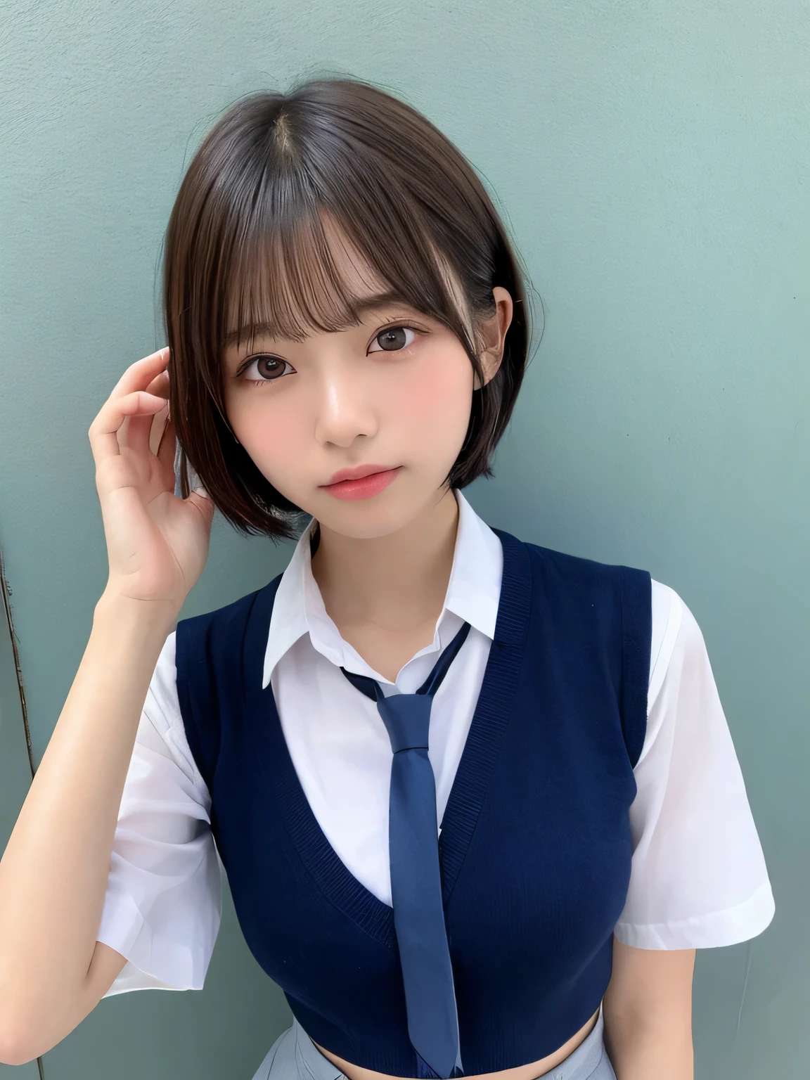 Japanese Girls、18 year old girl、Short Hair、Blonde、bangs、Brown eyes、Perfect figure、Transparency、Gloss、Glosodest chest、、Navy blue tie、White shirt、Navy Blue Skirt、Hirotake、Burning Body、Gravure idol pose、Light blue wall、Beautiful legs、Strong sunlight、dirty、Wet body in the rain、Wet