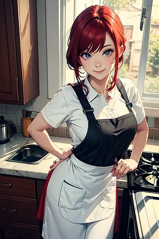 housewife, apron, apron, cooking, leaning forward, seductive pose, seductive smile, red hair