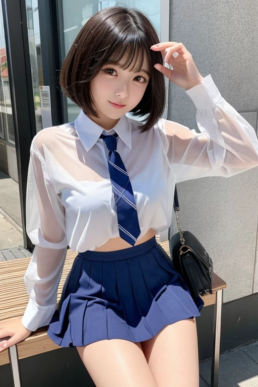 beautiful girl、Idol、high school girl、Bob Hair、See-through、mini skirt、sit