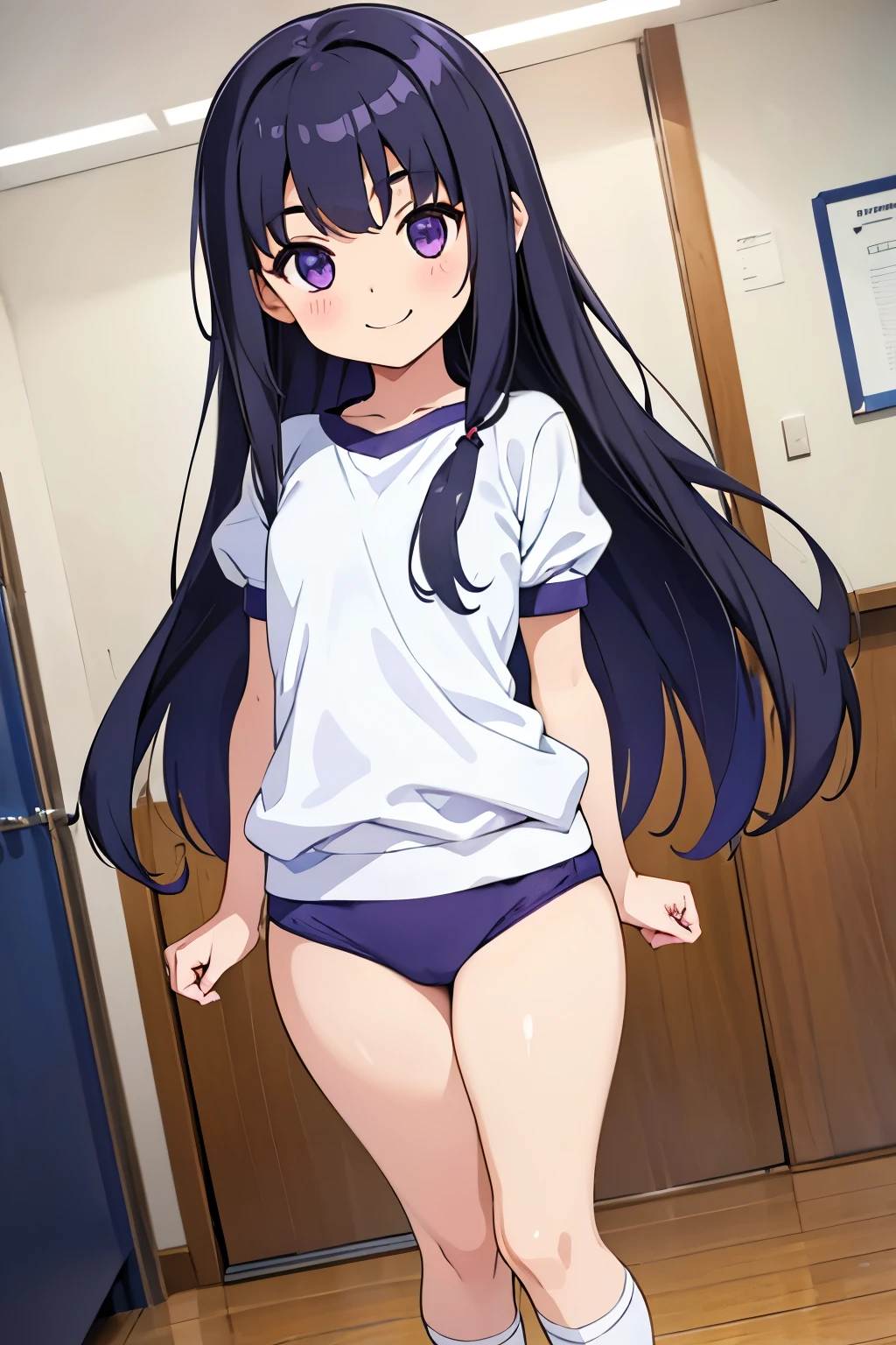 Elementary school girl, , flat chest, black hair, long hair, purple eyes, smiling(1 person) White short-sleeved gym uniform on upper body、Navy blue bloomers and white panties White socks sneakers School corridor Are standing Dynamic Angle Low - Angle