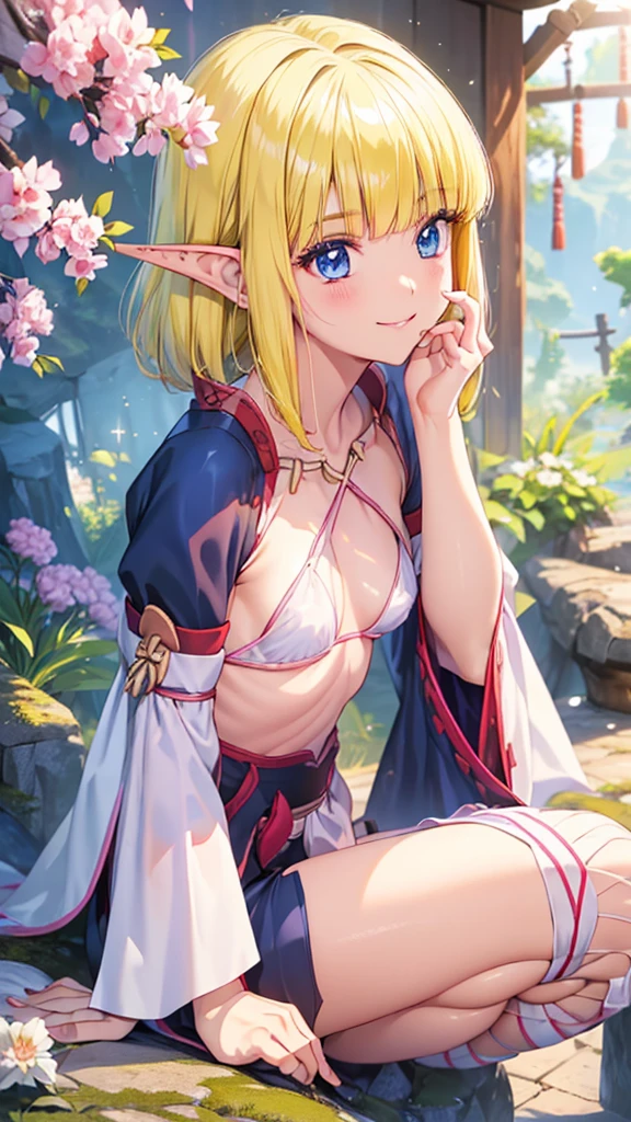 Very close、16k、masterpiece、High resolution、High resolution、Samurai、((1 young elven woman))、((Beautiful white skin))、((Beautiful blonde))、((Small breasts))、Bunhead、short hair、((Beautiful Blue Eyes))、((Pointed Ears))、Smiling Kindly、smile、blush、Pink Lip Gloss、Shiny skin、((Samuraiの鎧を着る))、((Japanese Castle))、Courting me、((Put your hand on your cheek))