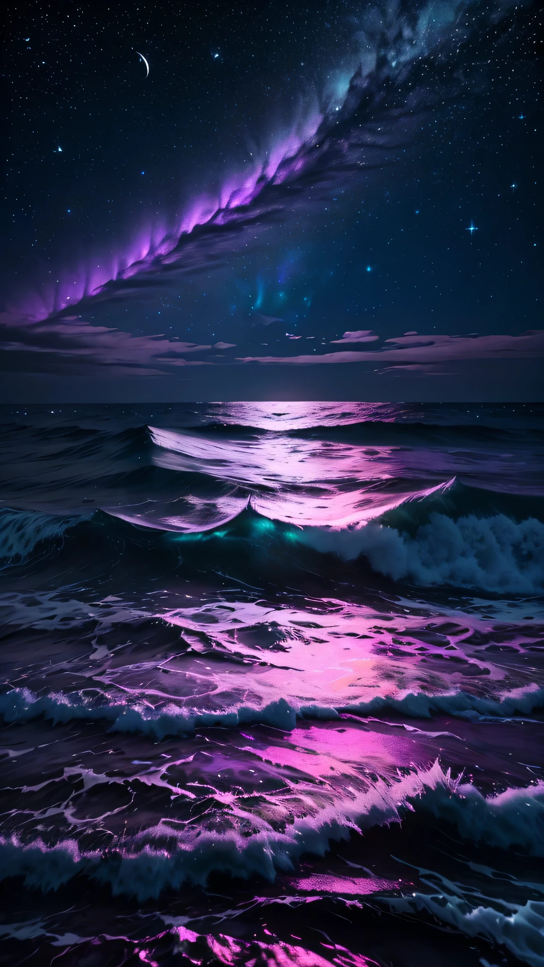 bioluminescent stars in the sky, pink half moon, touquois sky, soft cotton clouds, tourqouis ocean waves, shiny, purple water, galaxy, complementing lighting
