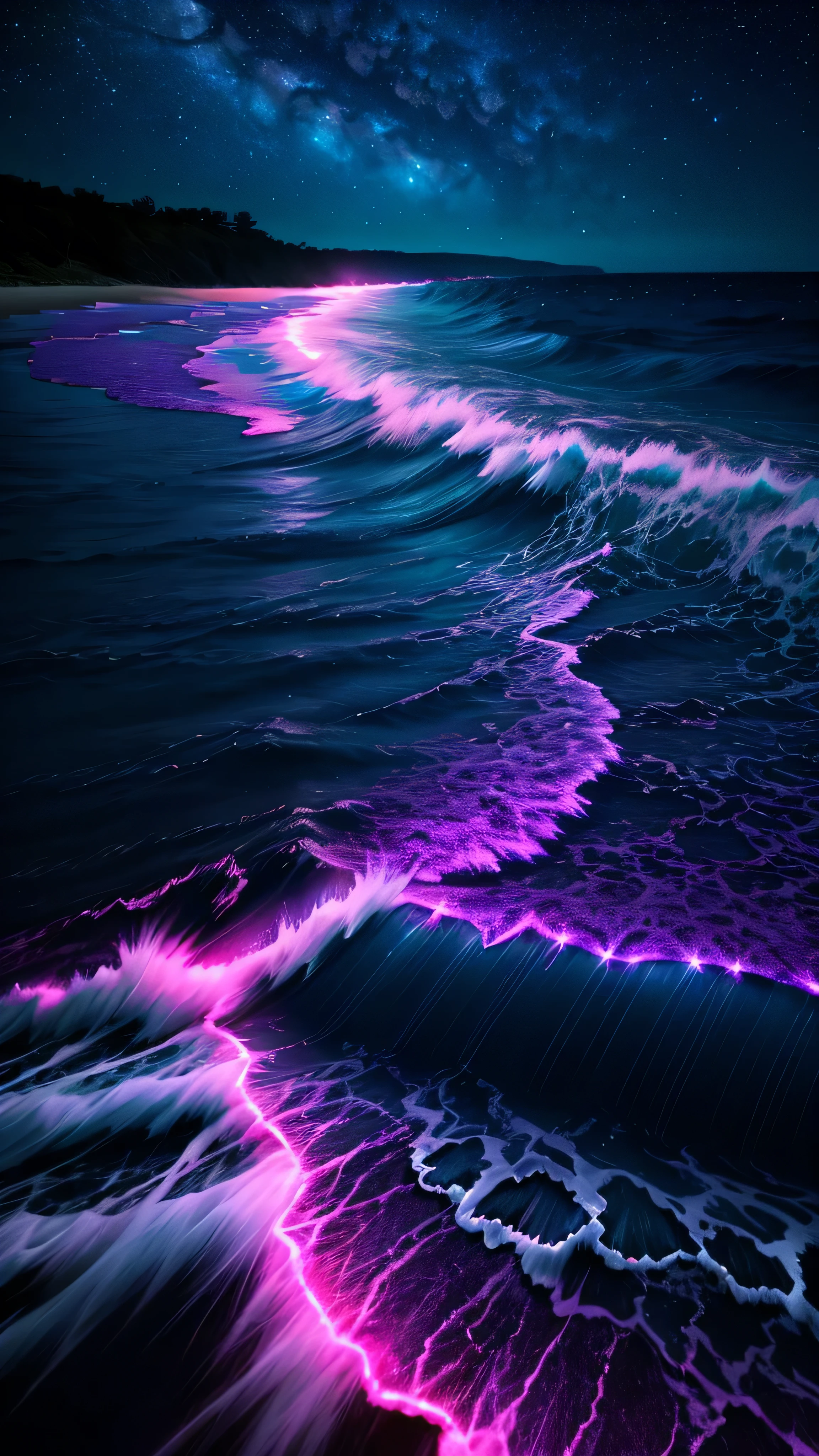 bioluminescent stars in the sky, pink half moon, touquois sky, soft cotton clouds, tourqouis ocean waves, shiny, purple water, galaxy, complementing lighting