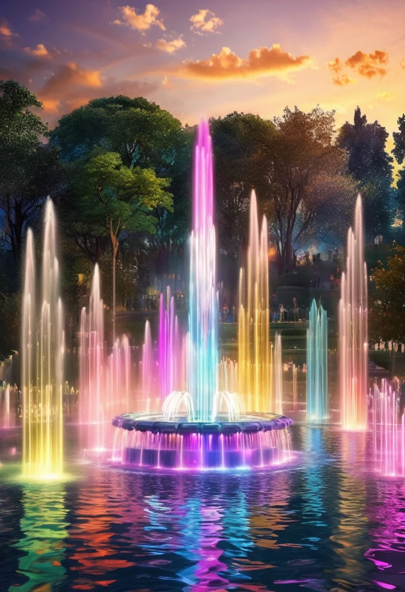 Dancing water columns of a musical fountain、Create various patterns with the combination of light and water column，Create a colorful scene，Detailed fantasy digital art，Highly detailed digital art in 4K，fantasy art action，nice、Money、High-quality images