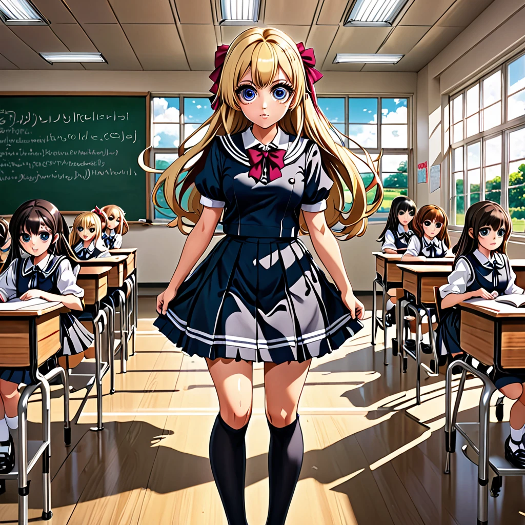 (1 girl: 1.3), (standing together: 1.3), (big eyes: 1.2), splash art anime Lolita, blonde anime girl with long hair, smooth anime CG art, animation art wallpaper 8k, 4k comic wallpaper, (big boobs: 1.3), (big boobs: 1.3), (in school uniform: 1.3)