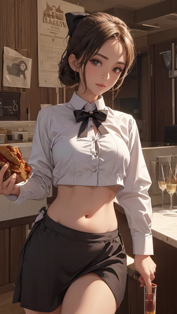 ((Women in crop top waitress shirt)), showing navel, (bow on the chest), show belly, holding food, realistic navel shape
