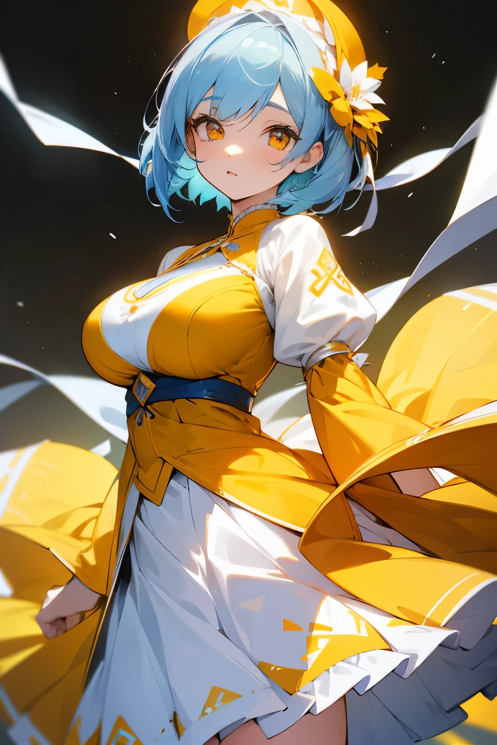 Girl, short pale blue hair, orange eyes, yellow dress decorated with beautiful white decorations, big breasts, skirt
