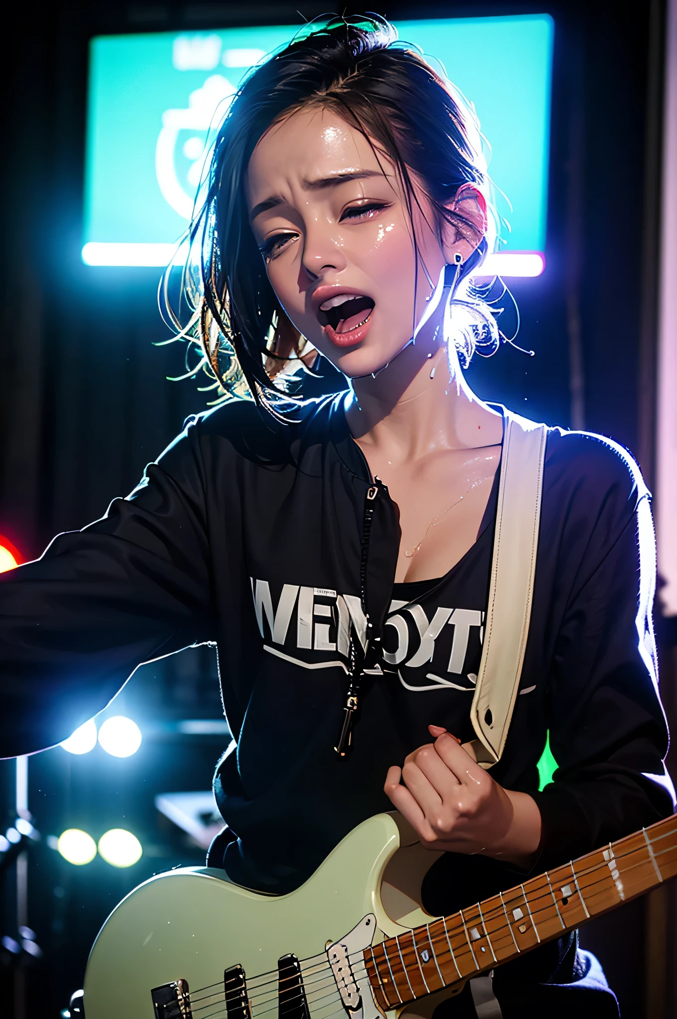 { 1girl, young funk rock star, singing on concert stage, playing electric guitar, ((cowboy shot)) }, { }, { (neon glowing), (masterpiece), (absurd resolution), (best quality:1.2), (photo realistic:1.6), (Luminous lighting:1.4), (Chiaroscuro:1.4), (Immersive atmosphere:1.2), (brightened light:0) }, { (open mouth:1.2),eyes rolled up,(weeping), (shiny skin), wet skin }, { }