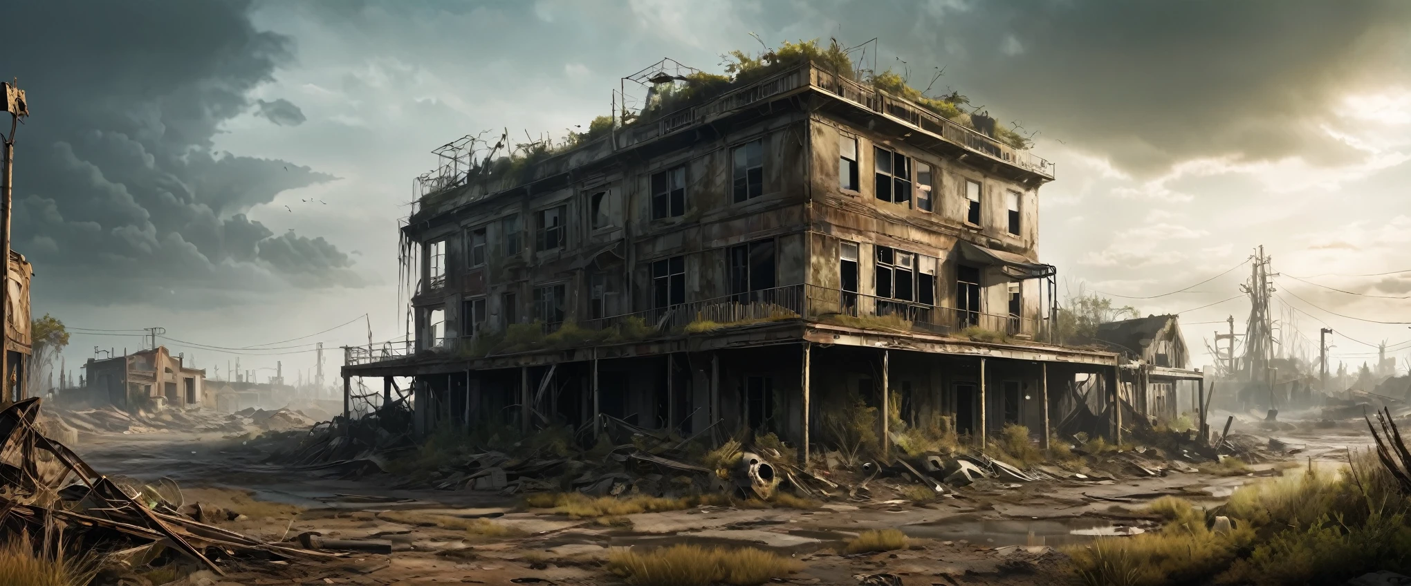 A post-apocalyptic wasteland where nature has reclaimed the land, creating a beautiful but haunting landscape.