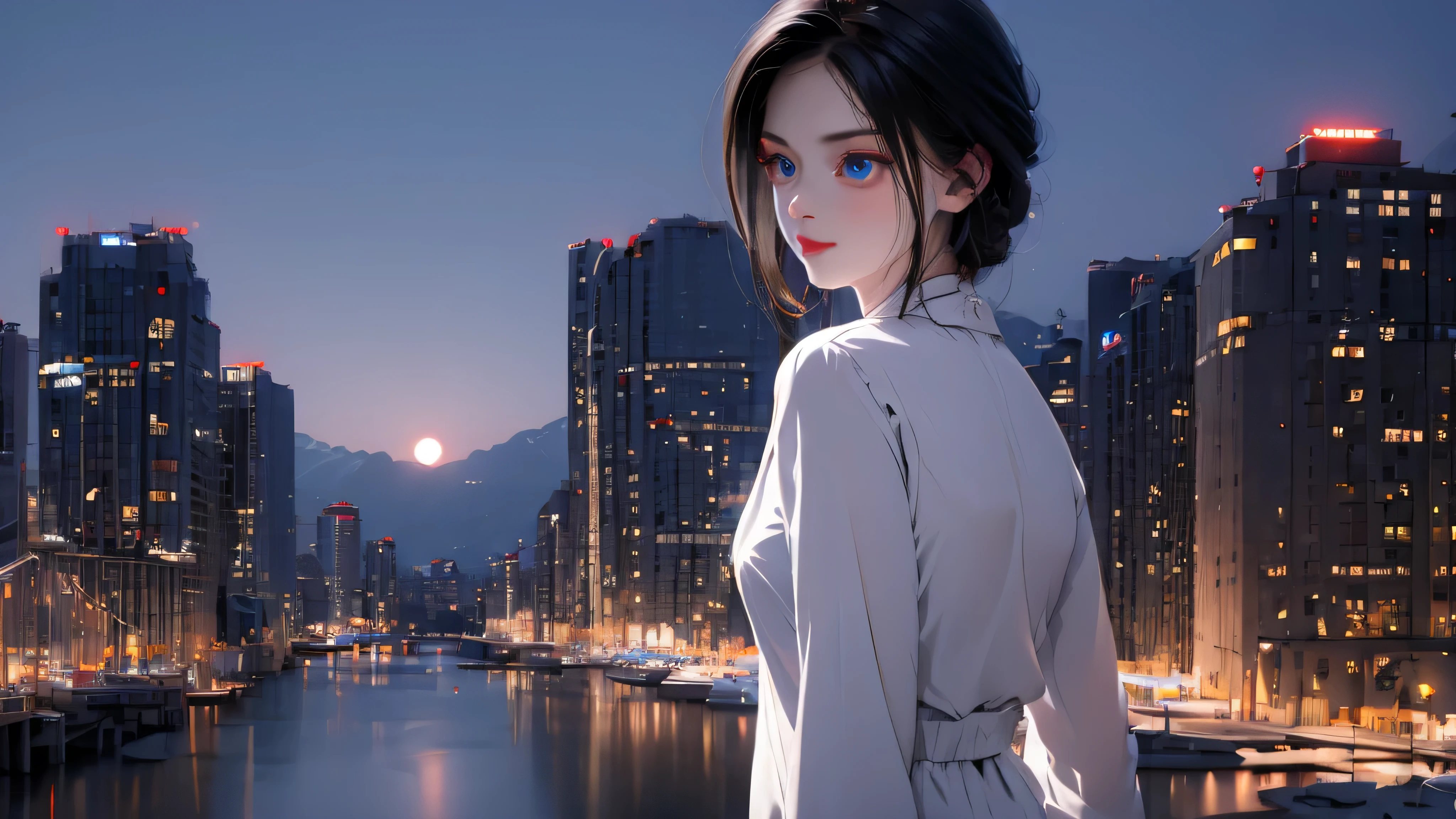 1 girl, medium light black hair, light blue eyes, wearing black suit, night city, 18+ , high res, ultrasharp, 8K, masterpiece, looking from behind
