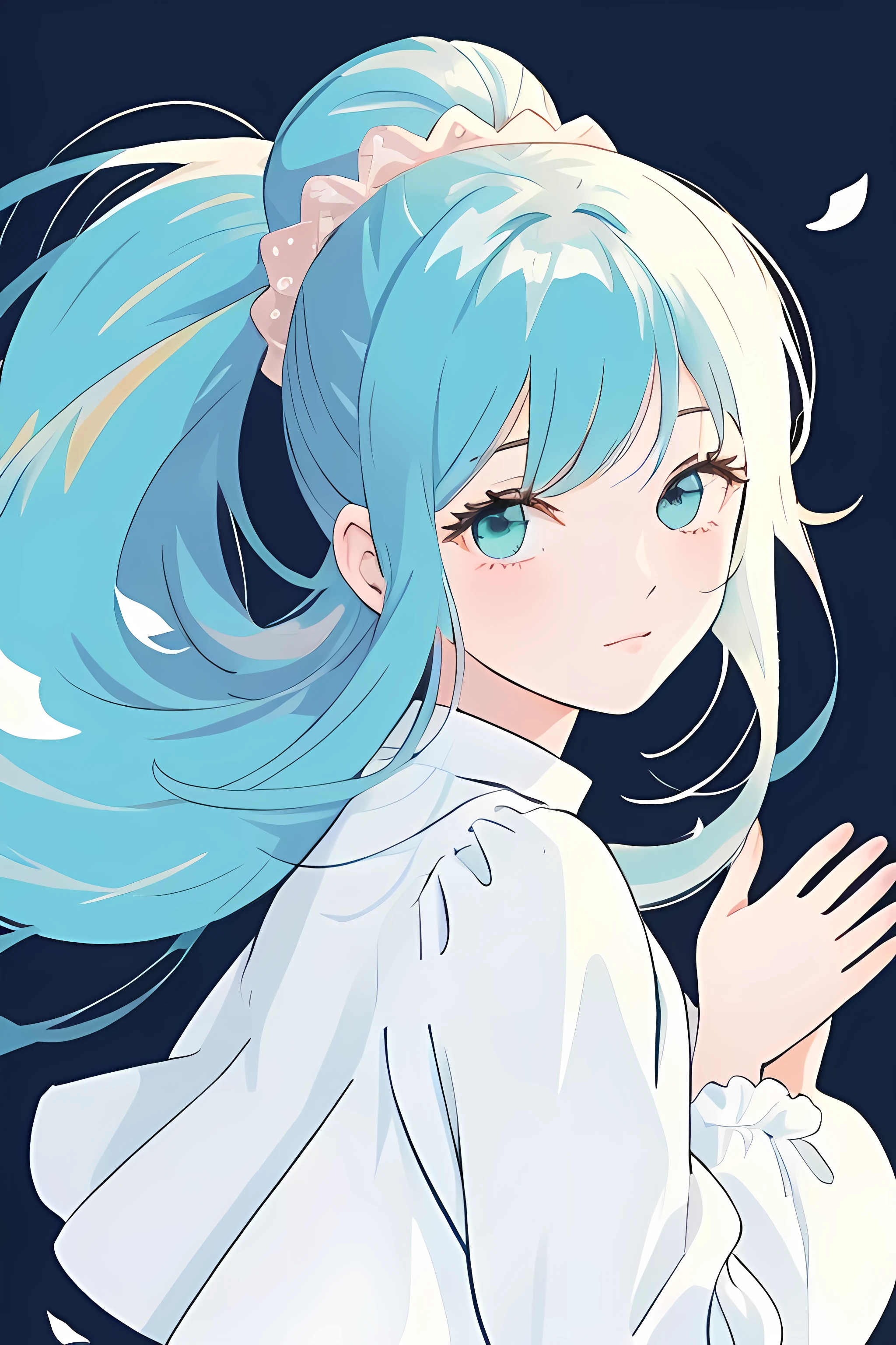 (masterpiece), (best quality), (ultra detailed),(disheed hair),(illustration), (1girl), (Fashionable clothing), standing, Fashion model, looking at viewer, (interview), (simple background), Beautiful detailed eyes, delicate beauty, floating, (high saturation), (colorful splash), colorful bubbles, (shine), focus on the face, ponytail, Ayaka Kamisato, light blue hair, bangs, scrunchies, floating flowers, flowing hair, (shiny), best lighting, best shadows, perfect hands