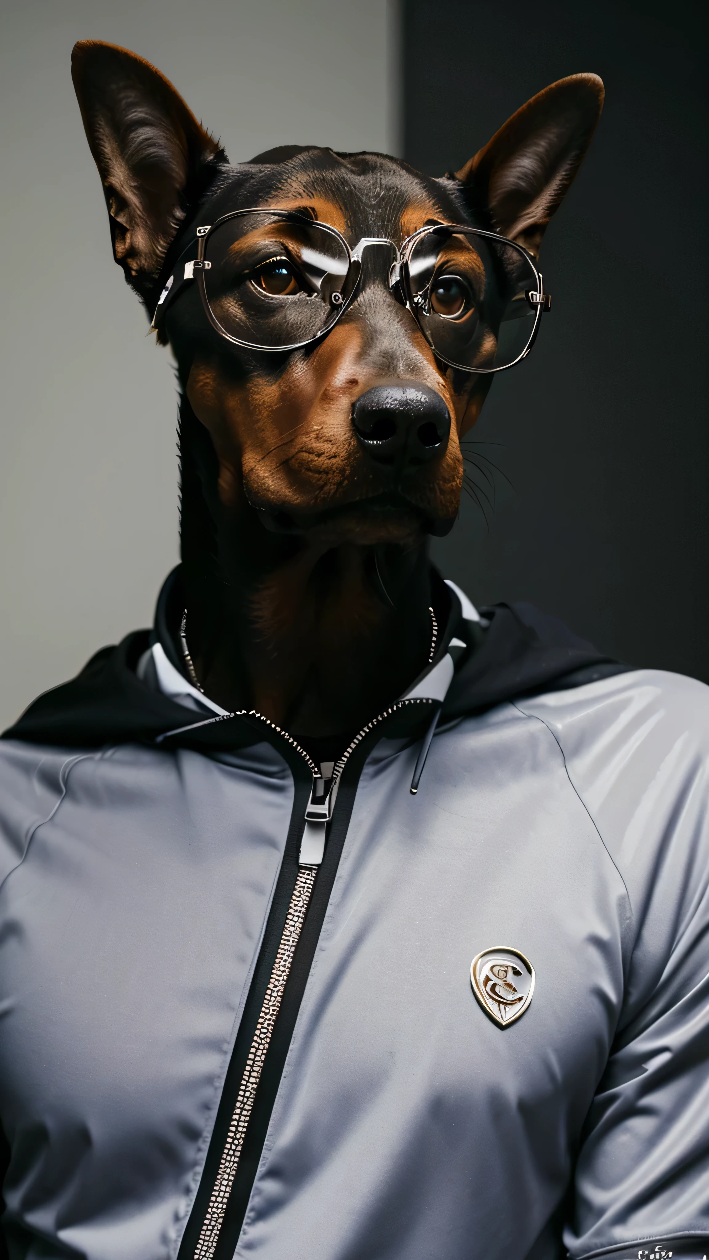 Doberman wearing transparent glasses，Wear comfortable clothes, Looking at the camera, close up, looking heckin cool and stylish, High quality portrait, Epic cool portrait, He looks very sophisticated., Digital Art Animal Photos, ultra True-to-life imagery, detailed portrait, Very high quality artwork, True-to-life imagery, Clear portrait, 8K.