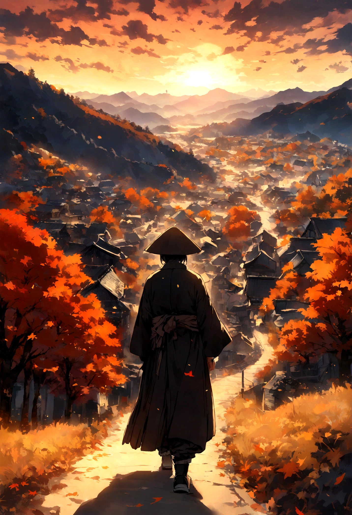 A ronin walking through a mountain village,Back view,The setting sun covers the landscape,autumn leaves,autumn