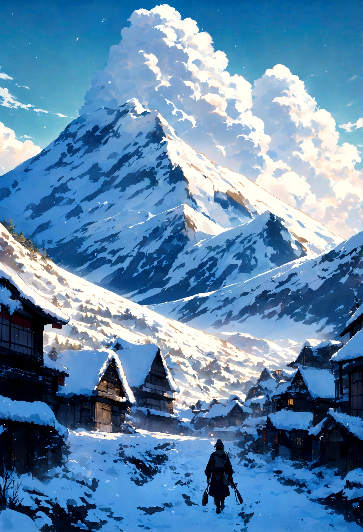 A ronin walking through a mountain village,Back view,Clouds cover the landscape,snow,winter