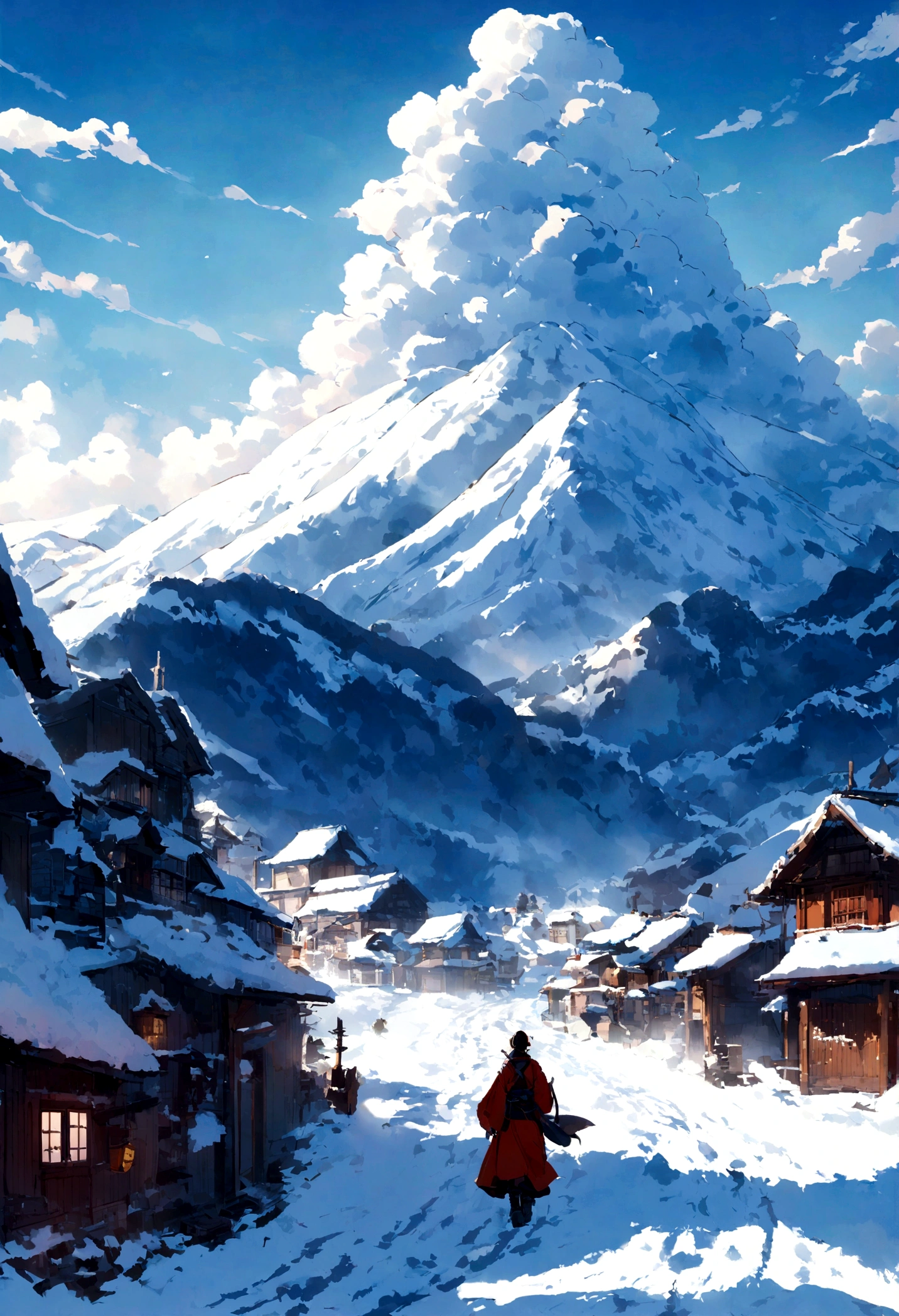 A ronin walking through a mountain village,Back view,Clouds cover the landscape,snow,winter