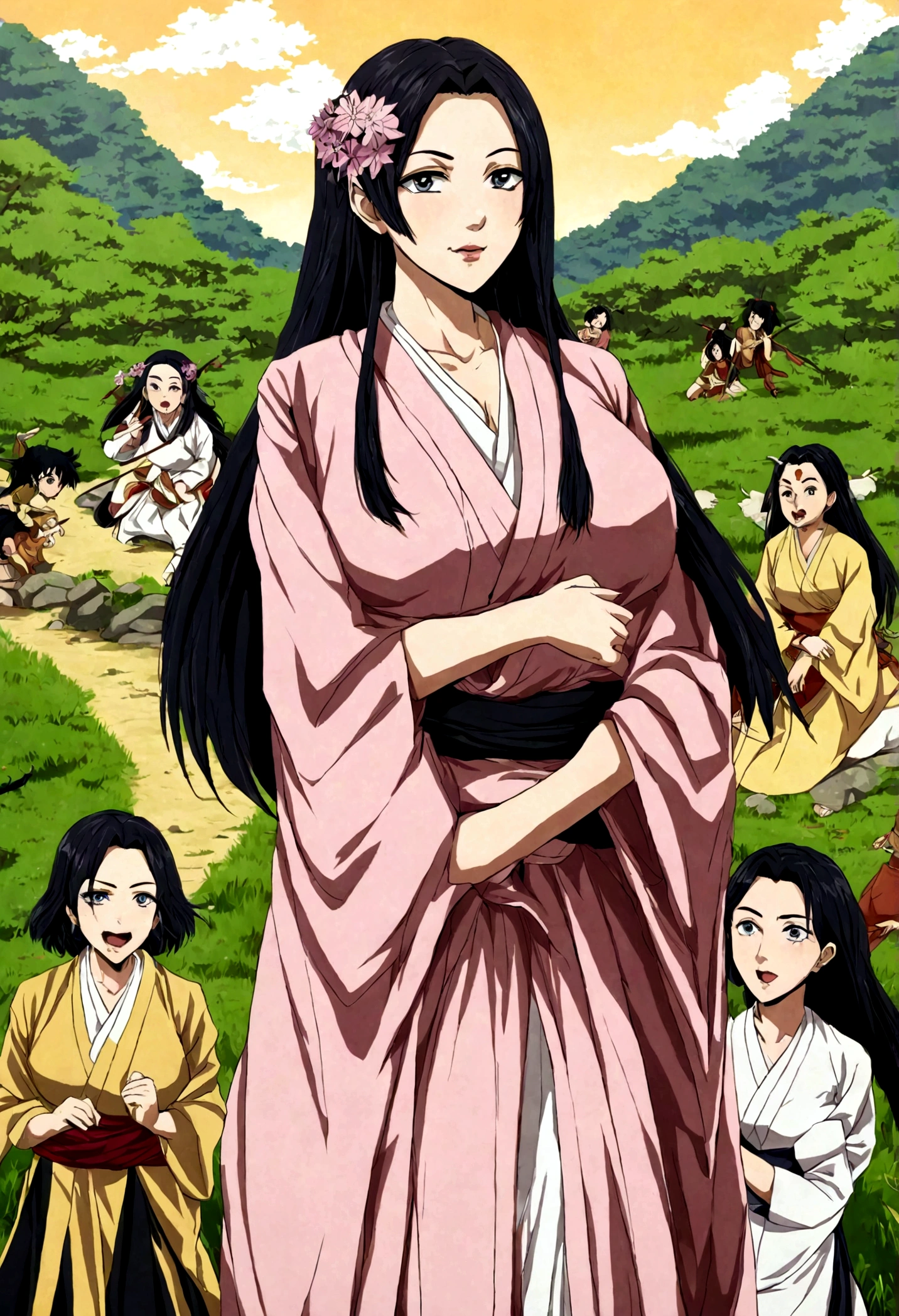 With long black hair and a pink dress、Anime girl with bamboo in her mouth, nezuko-chan, nezuko, Kimetsu no Yaiba, Ehime, Kaguya Otsutsuki, hanayamata, Demon Slayer Louis Fan Art, Demon Slayer Art Style, Hinata Hyuga, Official Art, From the Sengoku period