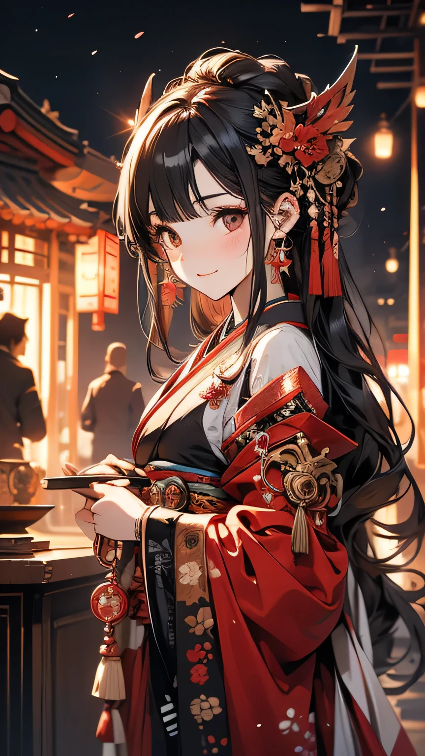 (highest quality), girl,Oriental detailed background, Oriental cityscape, steampunk, Shrine maiden