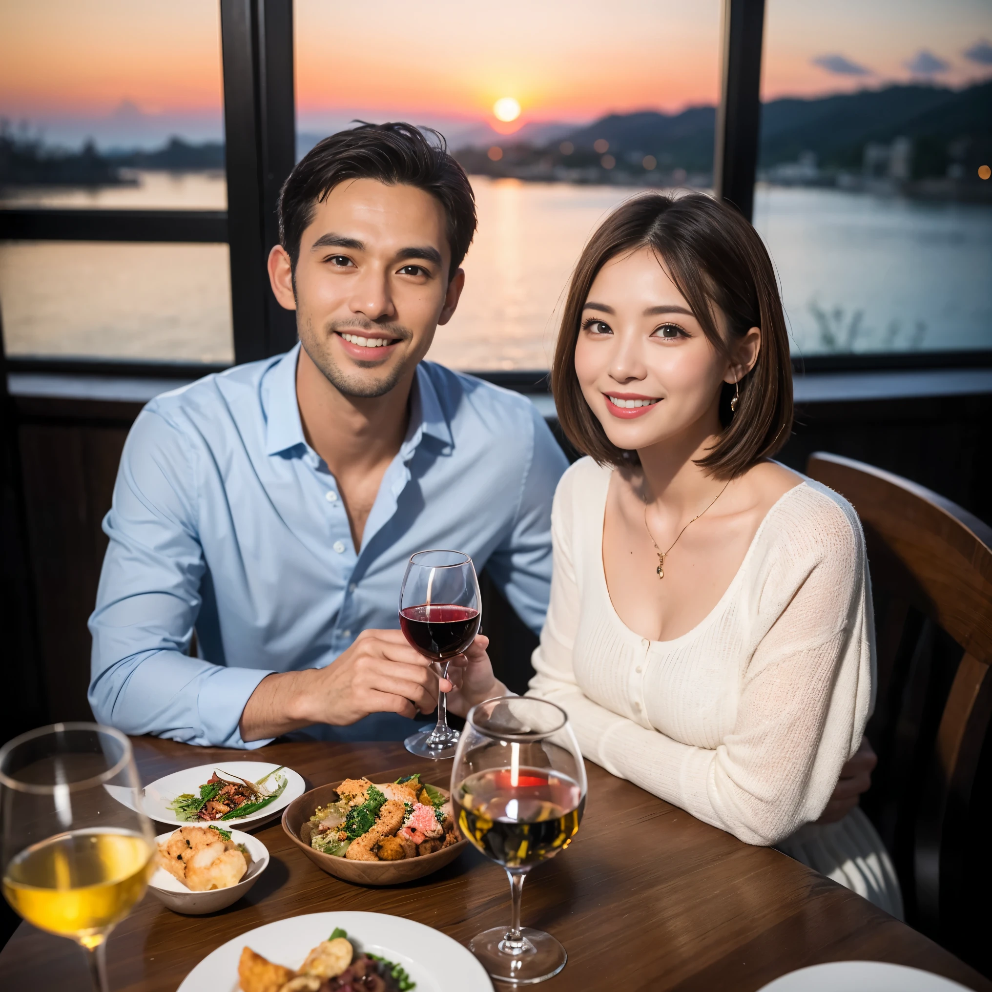 ((highest quality、8k、masterpiece:1.3))、 (Realistic, Real、Bright image、Intricate details:1.2), 1 male 1 female、A beautiful couple who look like Alice Hirose、lover、couple、spouse、Beautiful couple、Happy smile、full-course dinner、 (Slim face), (Slim Body), (Brown Hair), (Short Hair), テーブルの上のwine glass、Please put light on my face、 Amazing view of the sunset sky and clouds、 (Age 35), 39 years old, red wine 、Appetizers、Wine bottle、sparkling wine、Long sleeve shirt、dress、White wine, red wine, wine glass, 