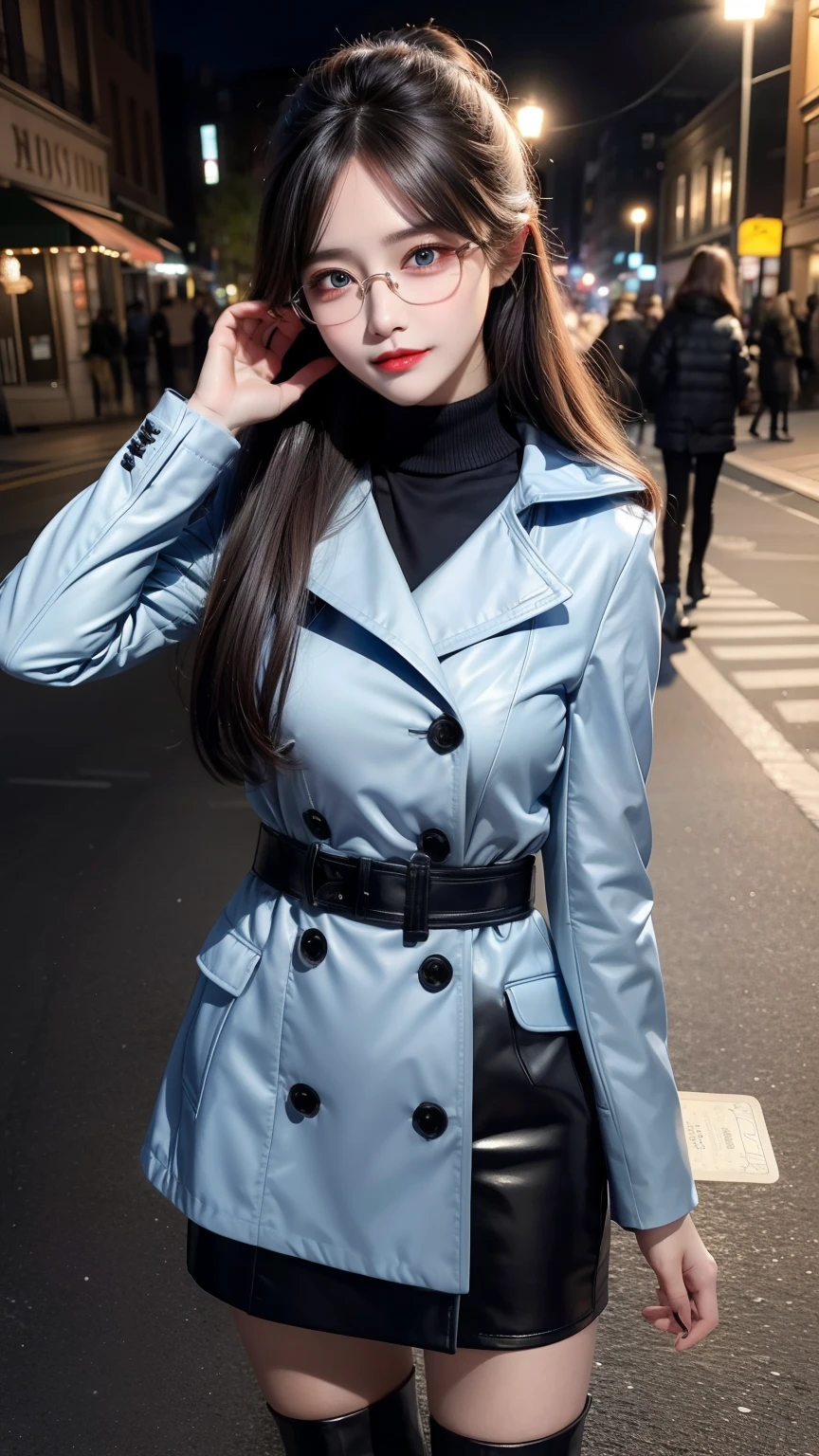 masterpiece, beautiful art, Professional Artist, 8k, Art style by sciamano240, highly detailed face, fine hair, fine clothes, detailed fabric, 1 girl, Perfectly drawn body, beautiful face, long hair, light blue hair , highly detailed blue cat eyes, A big smile, Wearing trendy winter clothes , winter coat,black thigh boots, black pencil skirt, Glasses, wearing gloves, swollen lips , rosy cheeks, evening winter setting, , show details to the eye, See up close, looking at the viewer, walk on the sidewalk, wallet on shoulder, close shot from above,