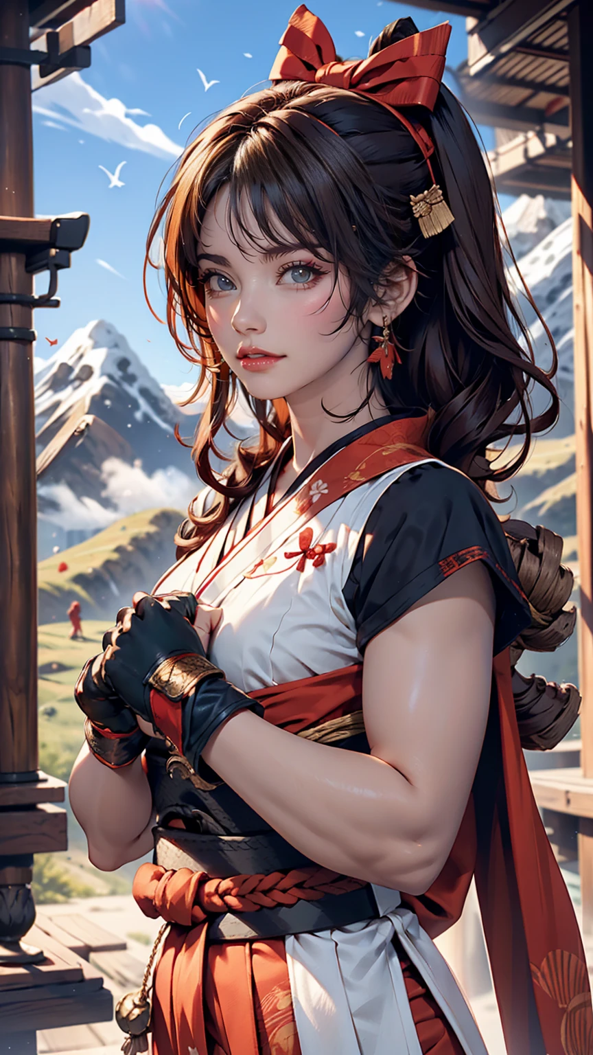 masterpiece, highest quality,One girl, red bow, bow, Long Hair, hair bow, Ainu clothing, alone, hair band, bird, Black Hair, fingerless gloves, Short sleeve, gloves, sash, pants, bangs, red hair band, arms, chest, Brown eyes, white pants, kimono, Confused, A light smile, Official Art, Good composition, Official pose, detailed Portraiture, Portraiture, Bokeh, Clouds and mountains background, warrior, Onmyoji Style, High resolution, Dramatic lighting and shadows, Solar flare, Blurred foreground