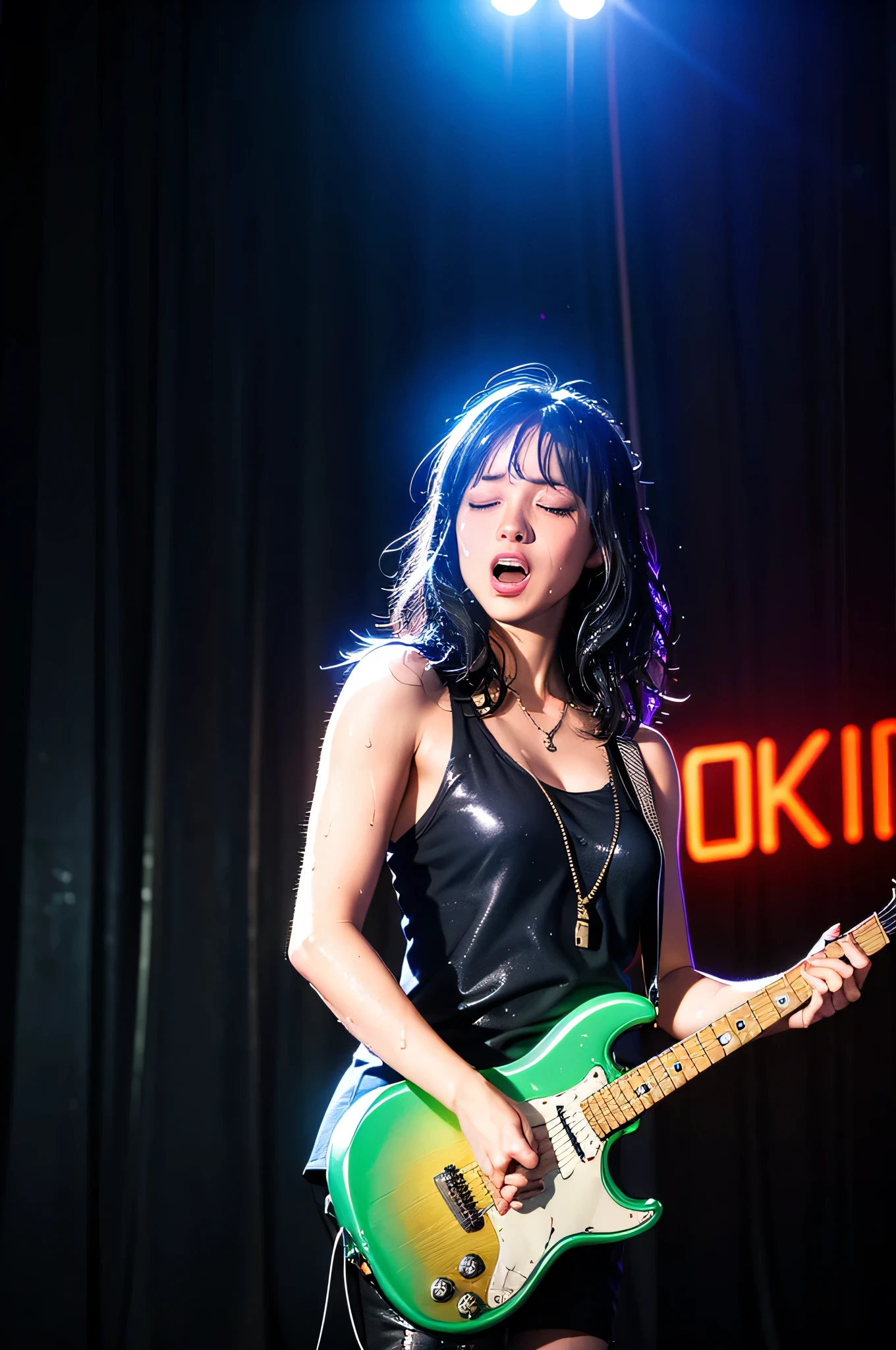 { 1girl, young funk rock star, singing on concert stage, playing electric guitar, ((cowboy shot)) }, { }, { (neon glowing), (masterpiece), (absurd resolution), (best quality:1.2), (photo realistic:1.6), (Luminous lighting:1.4), (Chiaroscuro:1.2), (Immersive atmosphere:1.2), (brightened light:0) }, { (open mouth:1.2),eyes rolled up,(weeping), (shiny skin), wet skin }, { }