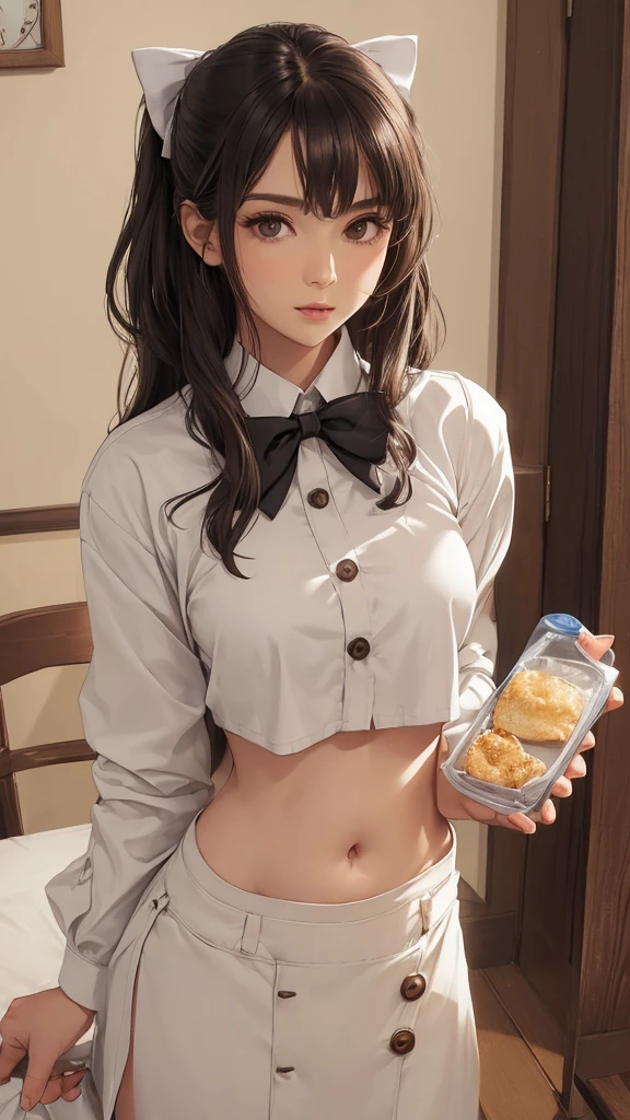 ((Women in crop top waitress button shirt)), dress properly, showing navel, (bow on the chest), show belly, holding food, realistic navel shape 