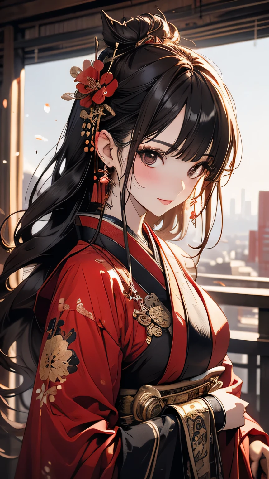 (highest quality), girl,Oriental detailed background, Oriental cityscape, steampunk, Shrine maiden